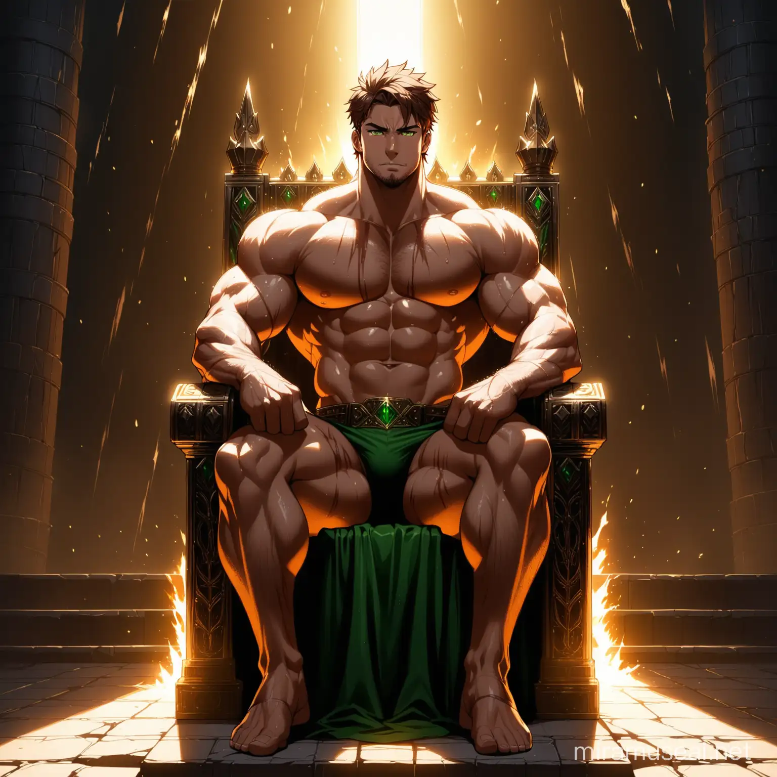 hot bara man with short cropped brown hair and green eyes, royalty, sitting on a throne, muscular, full body, powerful, rim lighting, sweat, battle scars
