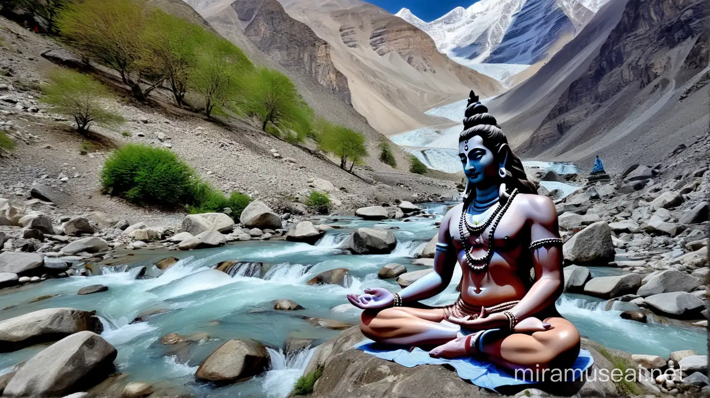 Lord Shiva Meditating at Mountain Base Camp by the Serene Mountain River