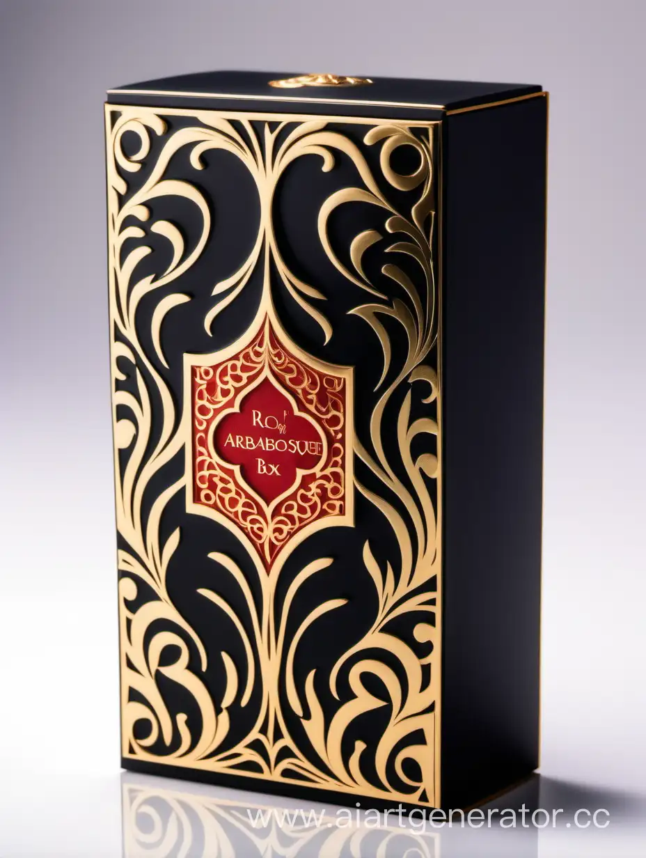 dark matt black and gold Red luxury perfume rectangle vertical box 75% lines with arabesque pattern on white background