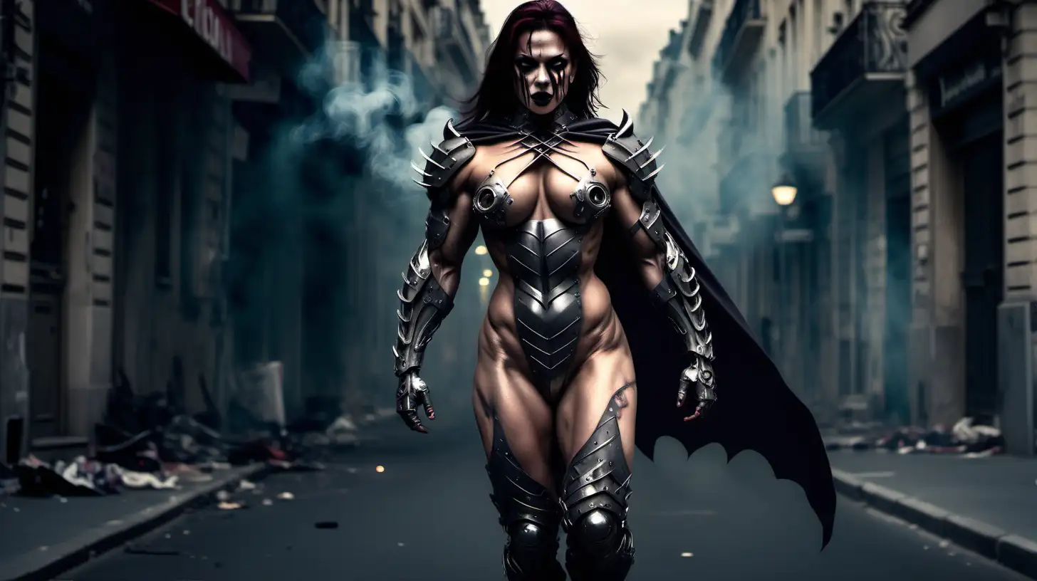 Armored Female super villian, naked, muscular, walking on street, strong, scarred body, scars, evil, cape, paris, night, smoke