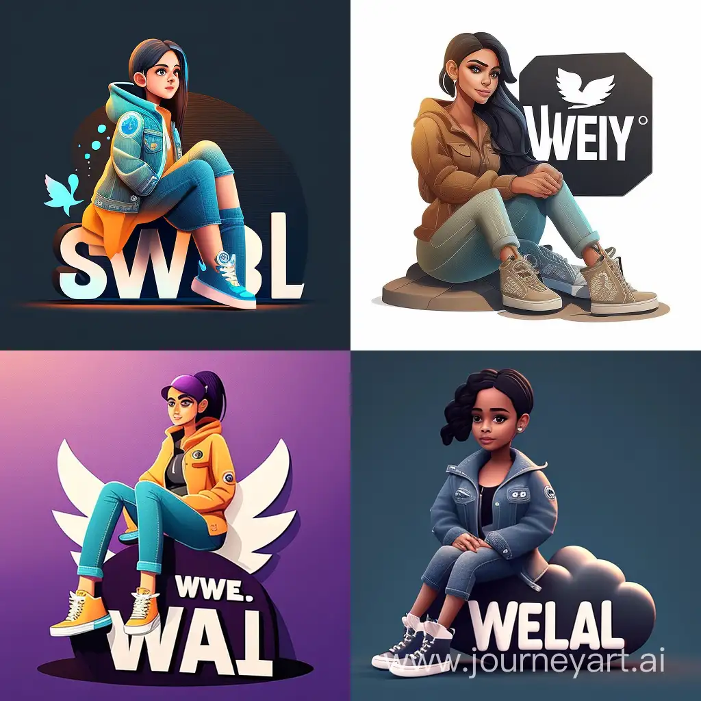 create a 3D illustration of an girl animated character sitting casually on top of a social media logo "WEPLAY". The character must wear casual modern clothing such as jeans jacket and sneakers shoes. The background of the image is a social media profile page with a user name "Jasmine" and a profile picture that match.