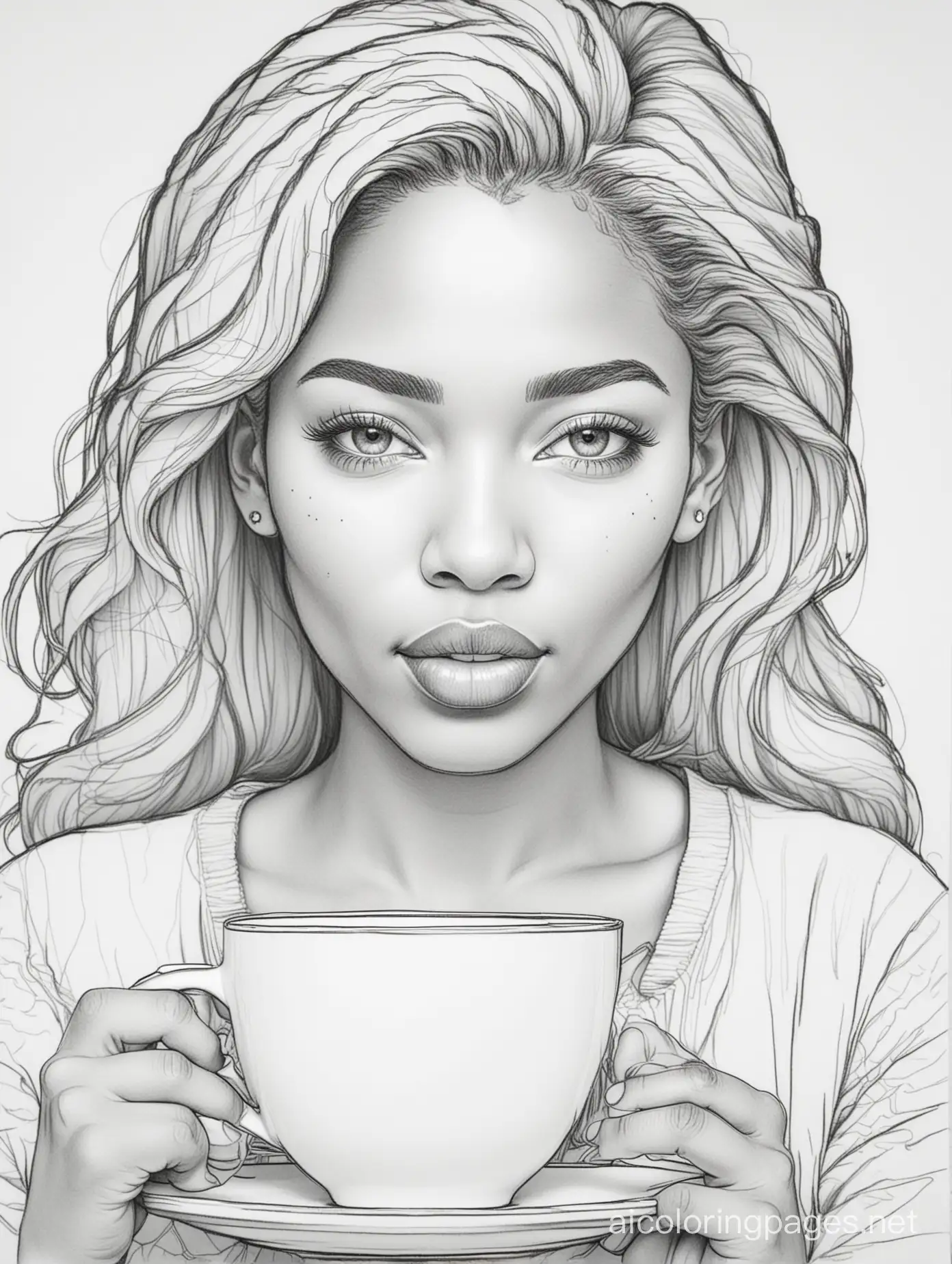 Black woman face sipping coffee, Coloring Page, black and white, line art, white background, Simplicity, Ample White Space. The background of the coloring page is plain white to make it easy for young children to color within the lines. The outlines of all the subjects are easy to distinguish, making it simple for kids to color without too much difficulty