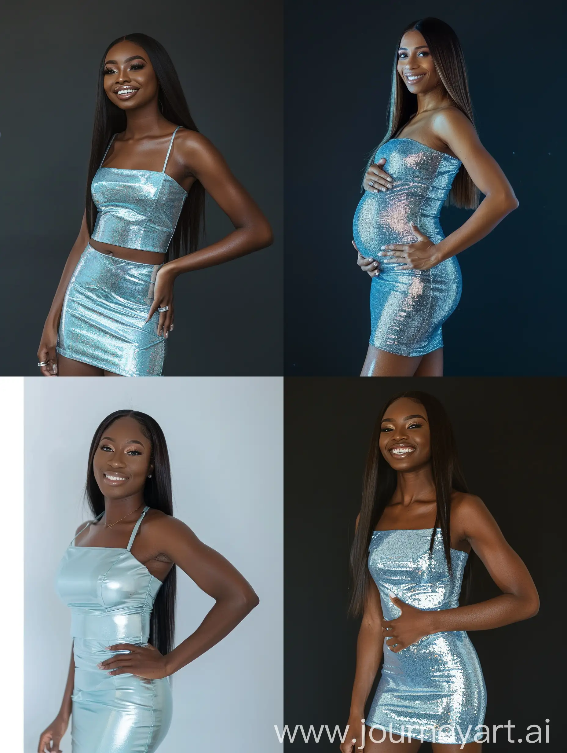dark skin beautiful smiling woman with straight long hair in tight fit evening mini shiny light blue dress, stands sideways with hand on waist