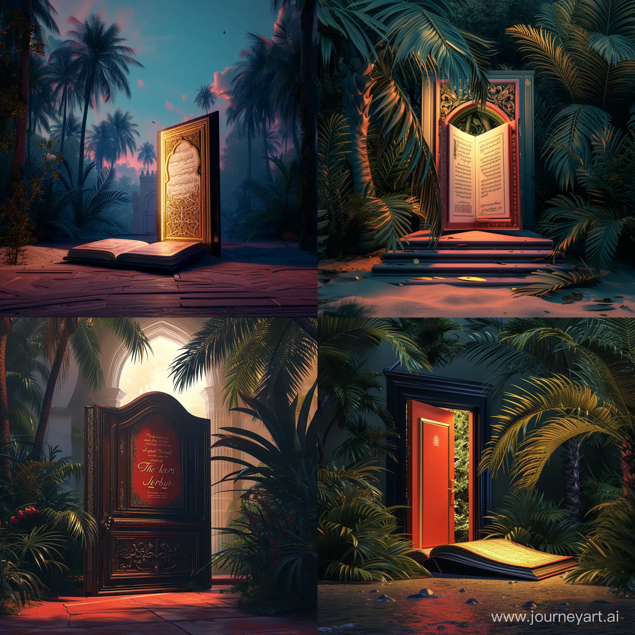 an open  The Koran a storybook illustration, inspired by Vladimir Kush, trending on pixabay, opening door, palm trees, photorealism, bright colors, detailed octane rendering trending on artstation, artistic photography in 8k format, photorealistic concept art, soft natural volumetric cinematic ideal light, dark baground
