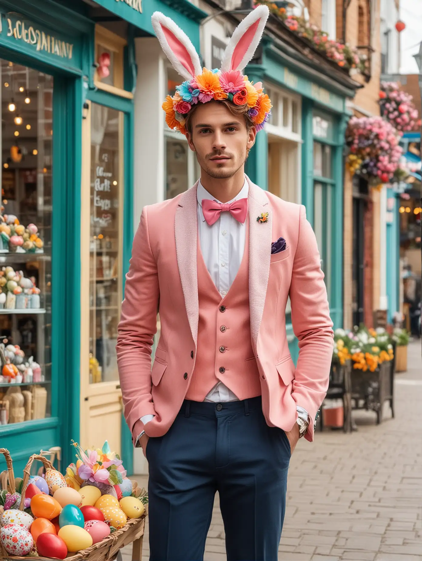 Stylish British handsome guy on the street, about 26 years old, with fancy clothes, bunny elements, creative big flower hat, colorful, Easter eggs, festive atmosphere, the cafe is decorated with Easter decorations, full of festive atmosphere, strong Easter atmosphere, facing the camera , exquisite facial features, professional photography technology, full-body photos