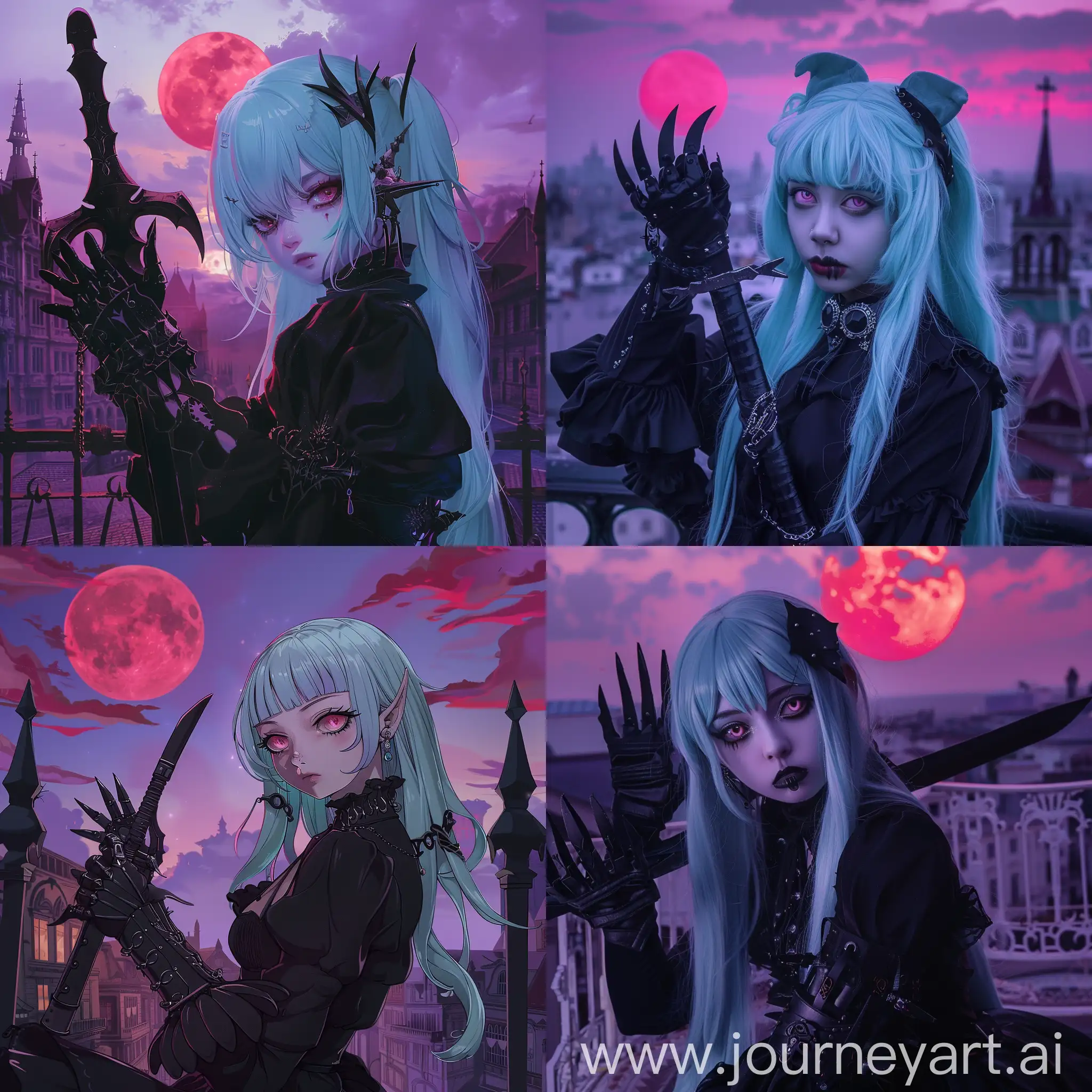 Dark fantasy, gothic horror, anime style, bloodborne & castlevania aesthetic.

Victorian city, purple sky, red moon.

Vampire girl, pale blue hair, pale pink eyes, black clothes, black metal claw gauntlets, black metal straight sword.