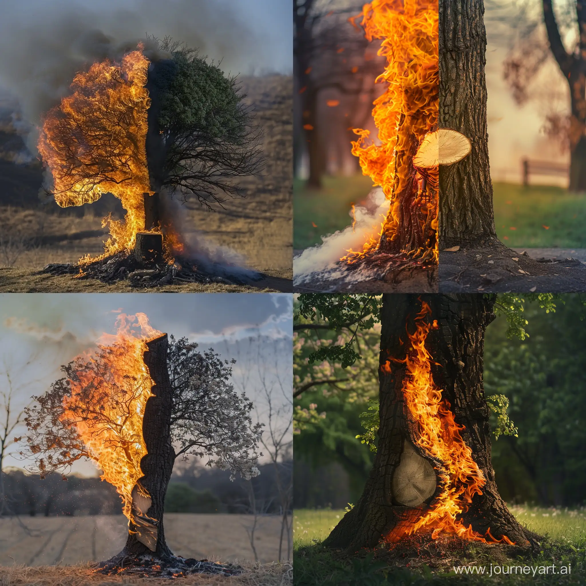 Contrasting-Tree-Burning-Half-Unburnable-Stump