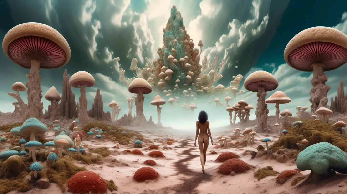 Psychedelic landscape, Egyptian desert, crystalline sandy mineral clouds, muted colors, with nude woman ascending up into the sky, Moss, colorful mushrooms, and water on the ground, euphoric