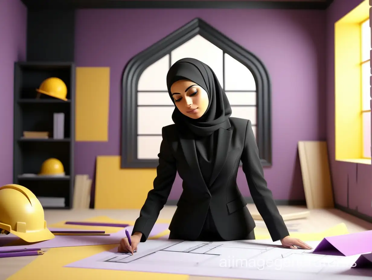 muslim woman architect wearing a black suit designing a room, backround light purpul and yellow