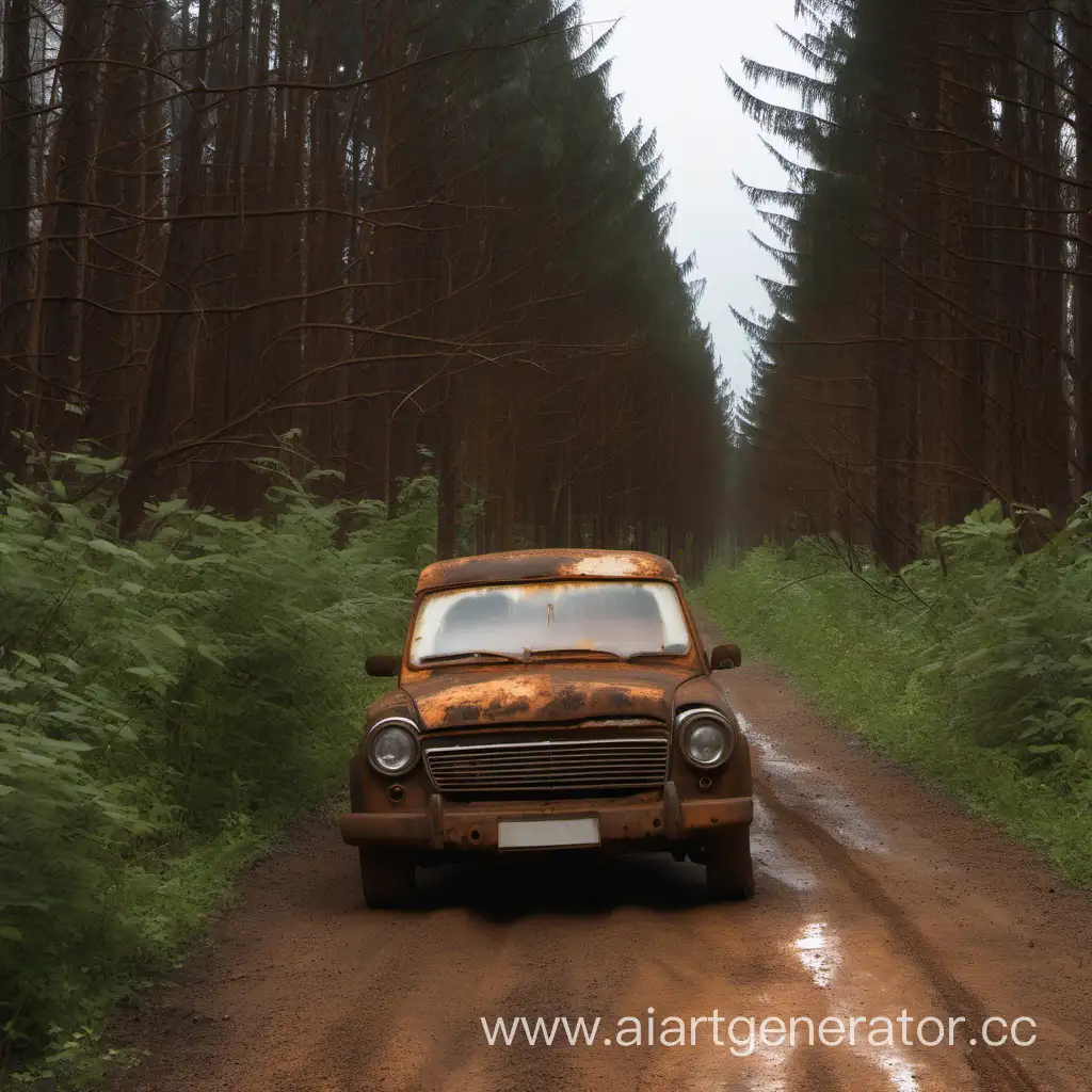 Ржавый автомобиль, едет по грунтовой дороге, в лесу