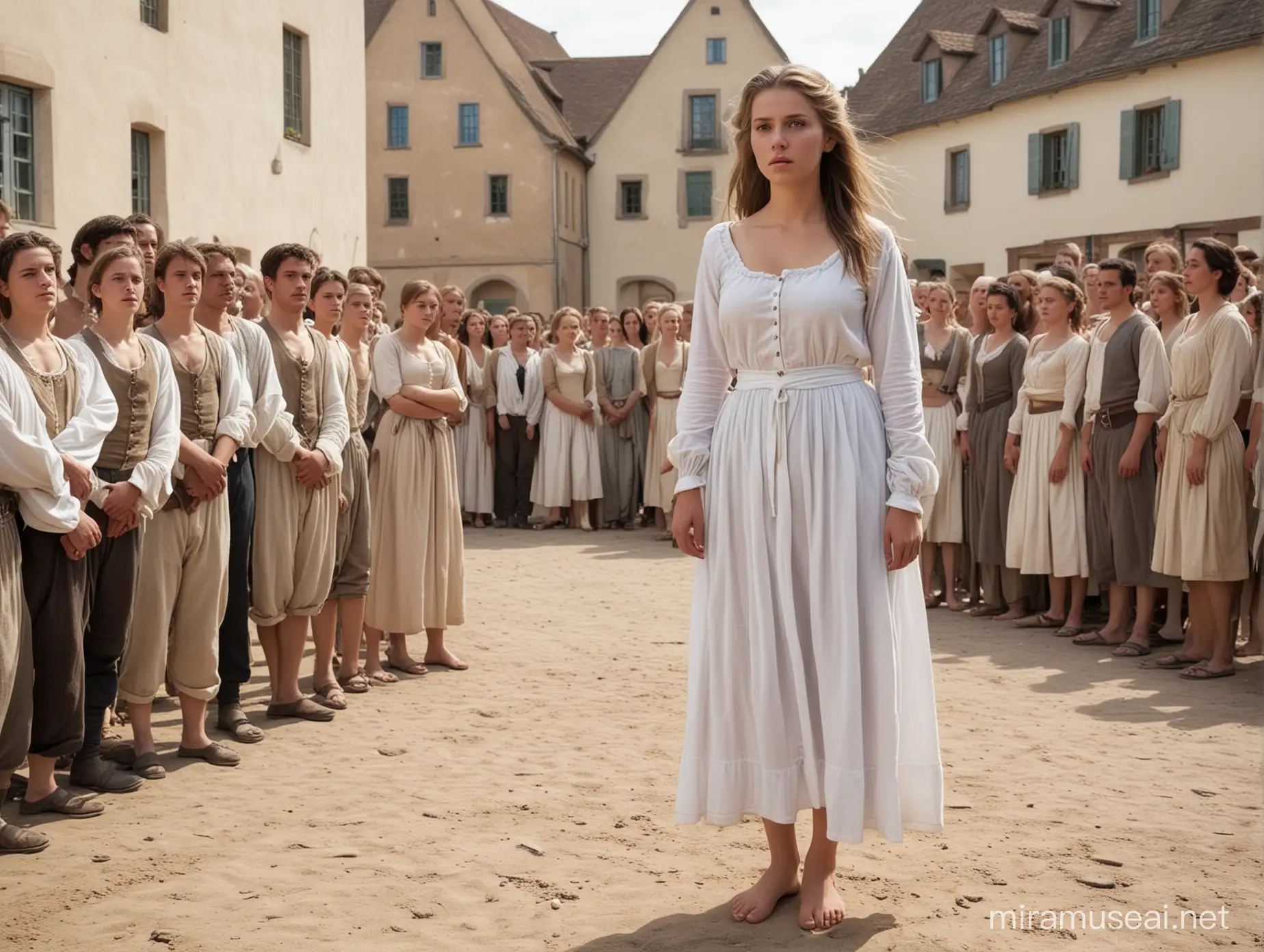 A busty female prisoner(german, 20 years old, barefoot) stands in a village square(1700s) in white gowndress(medium tied back hair), She is shamed and desperate, background: a crowd stand directly behind the prisoner