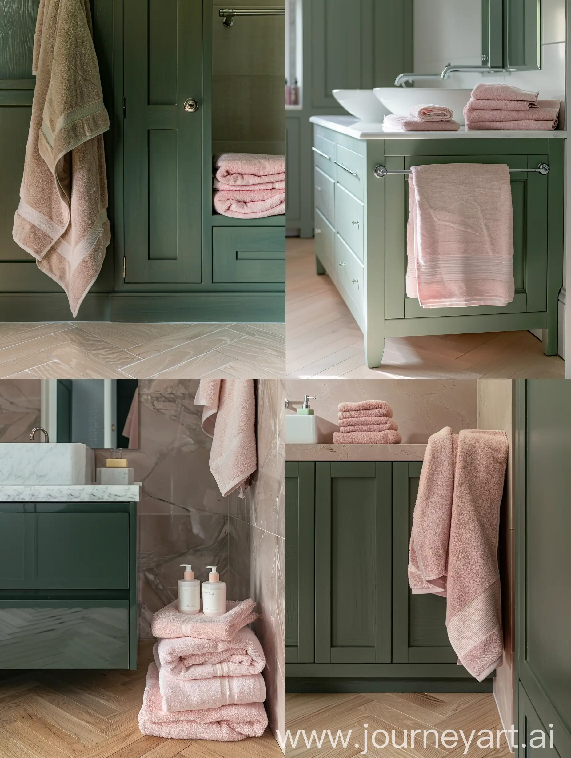 dettaglio di un bagno mobili mobili verde salvia, stile moderno. asciugamani  rosa Pavimento parquet a spina ungherese chiaro. vista laterale. 