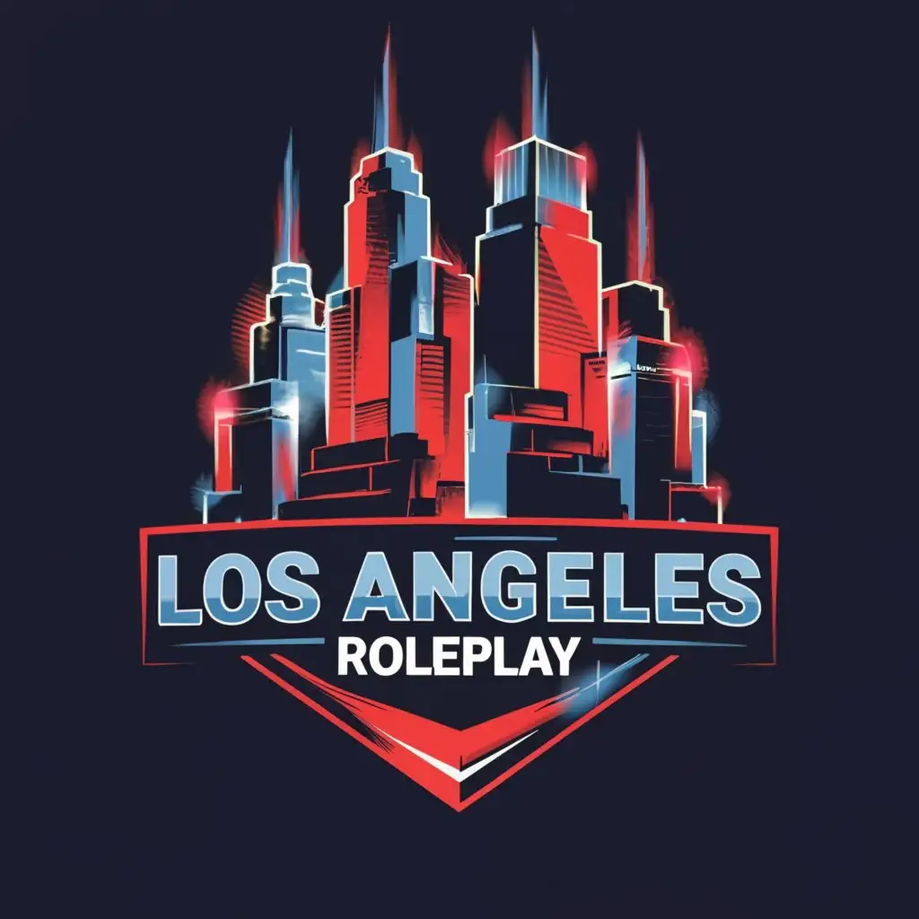 a logo design,with the text "Los Angeles Roleplay", main symbol:Skycrapers flashing red and blue lights with criminals fighting cops,complex,be used in Technology industry,clear background