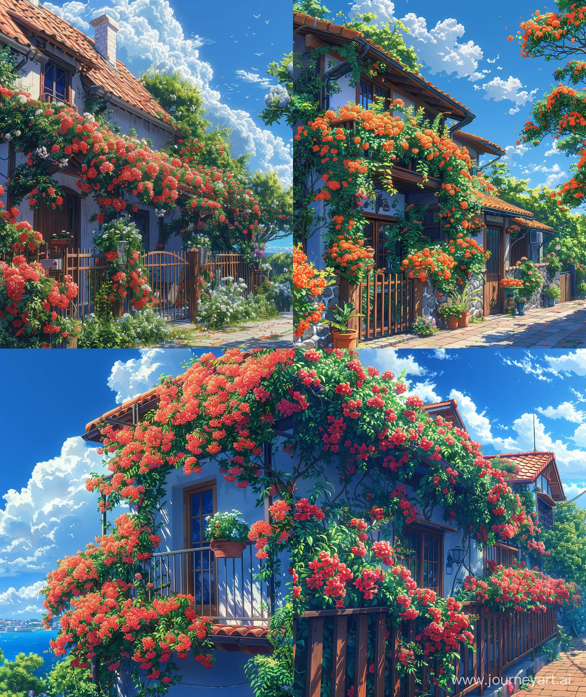 Beautiful anime scenary style, a beautiful bunglow house decoration with Bougainville plant, beautiful exterior decoration, fence decoration with flowers, blue sky , close up view, " close up house view", illustration, ultra HD , high quality, sharp details, no hyperrealistic --ar 27:32 --s 600