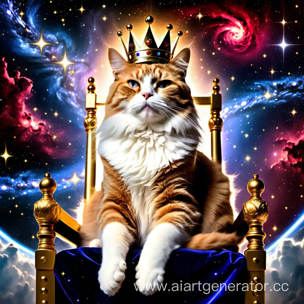 Imagine a royal cat with a crown on his head, sitting on a golden throne surrounded by stars and galaxies, which symbolizes his dominance as the ruler of the universe.