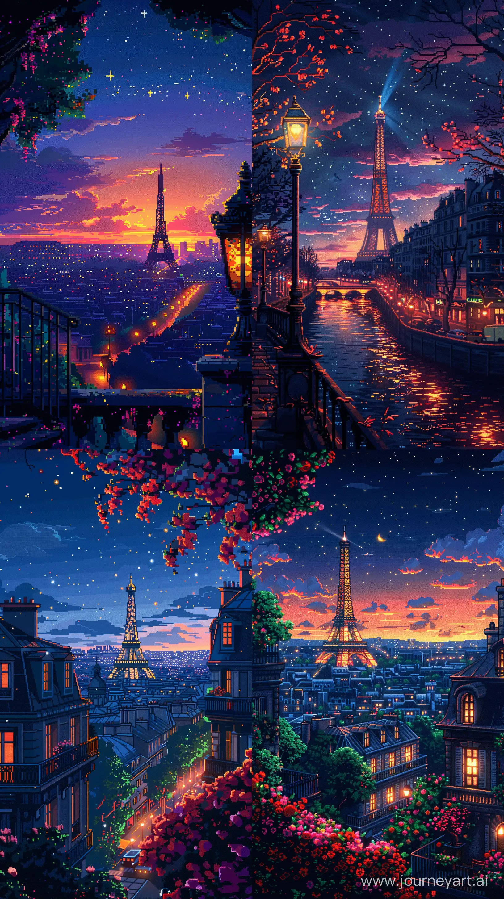 Nighttime-Paris-Cityscape-Retro-8Bit-Pixel-Art-Illustration