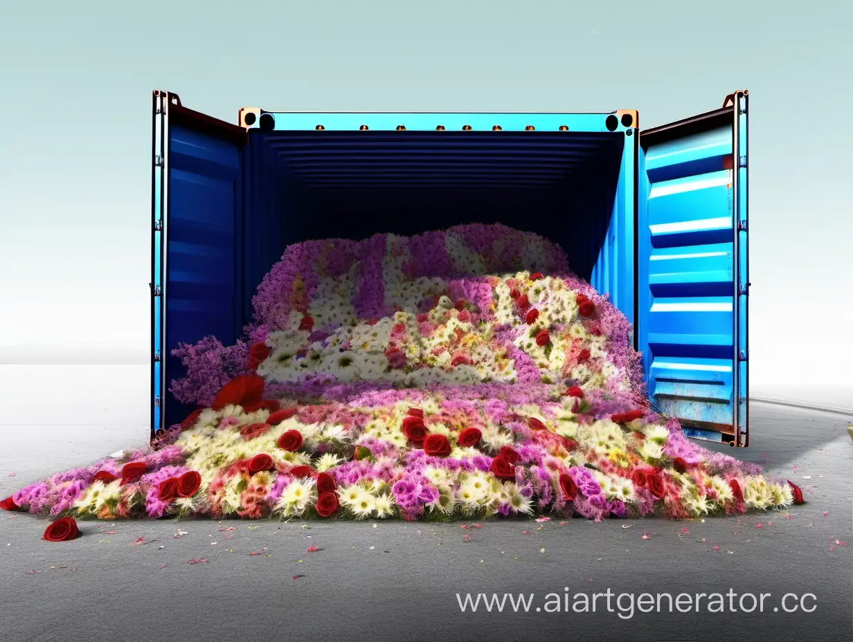 40' контейнер полный цветов, из дверей контейнера выпадают цветы