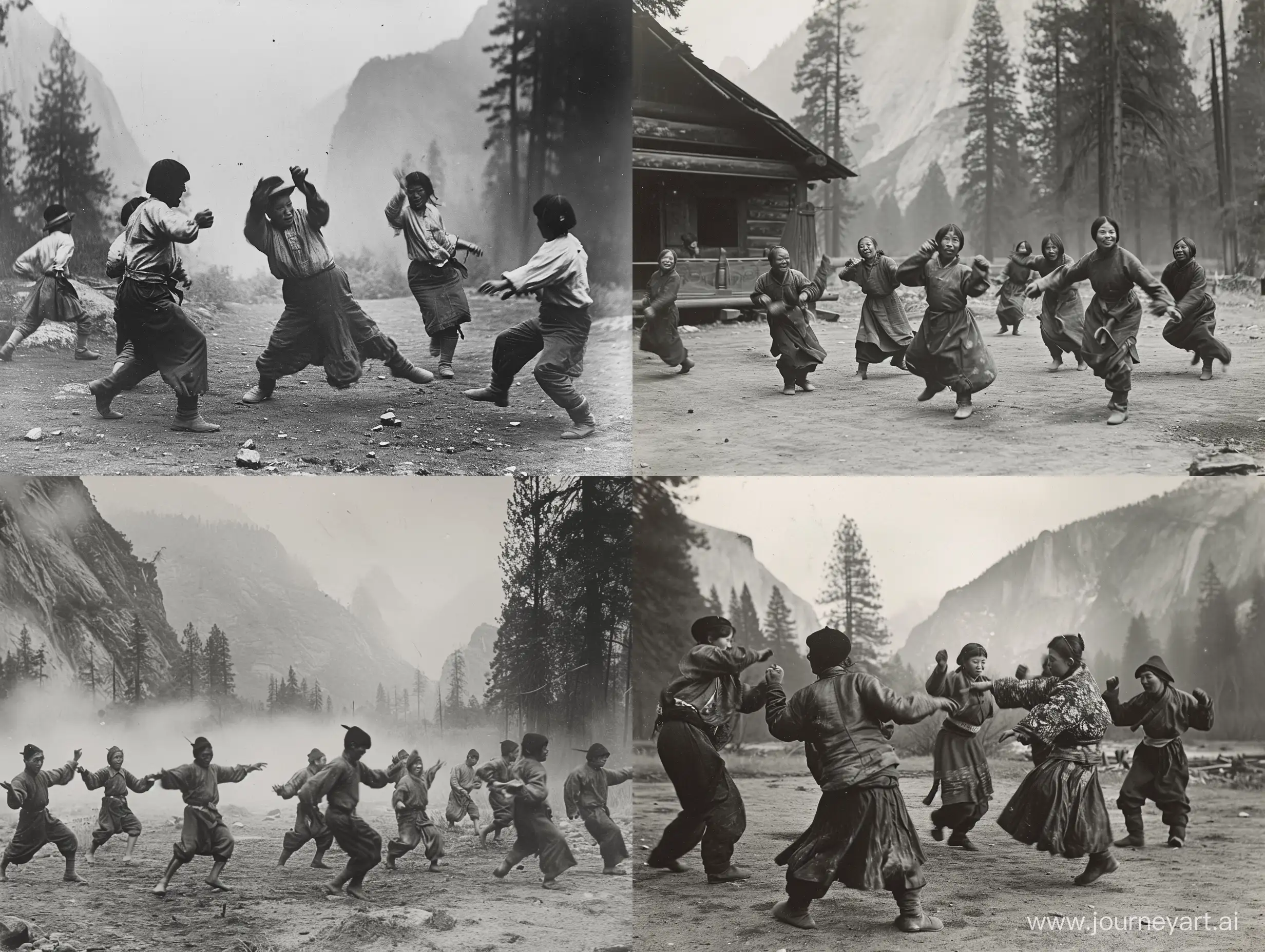 Historical black and white photographs dipicting the life of Chinese workers dancing at Yosemite in the late 1800s.
