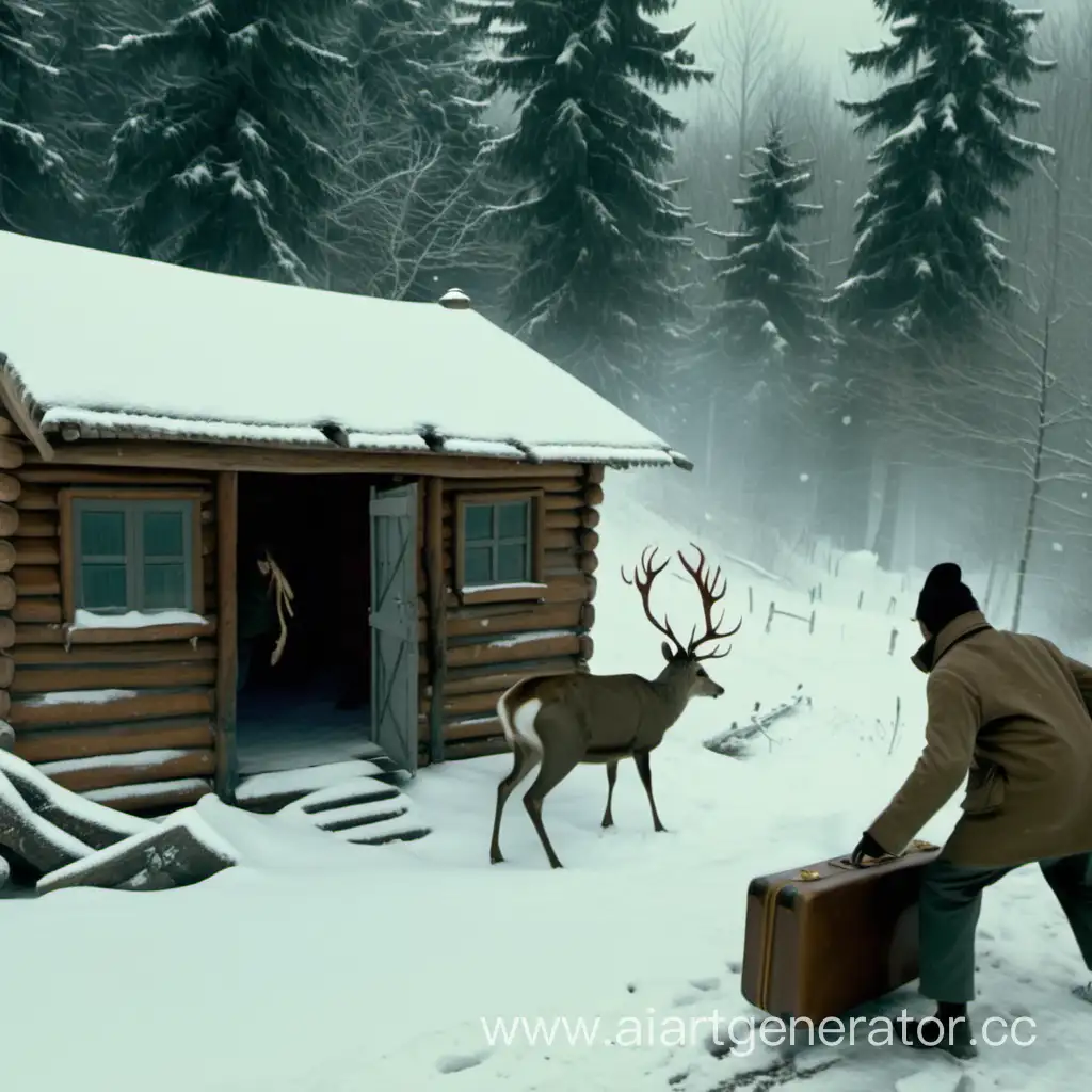 Мужчина с чемоданом стучит в дверь лесной избушки, рядом олень с рогами, снег и ветер