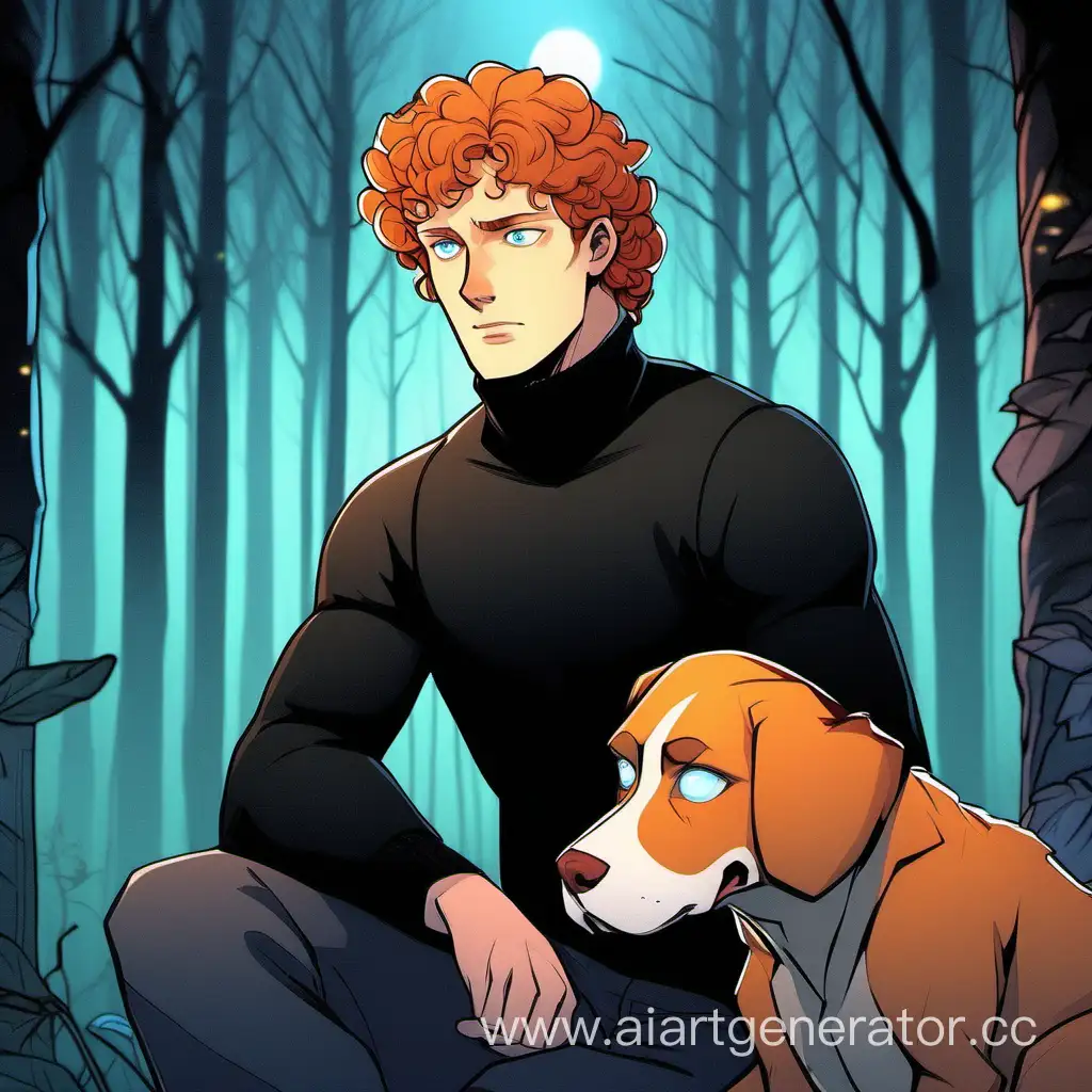 Strong-Russian-Man-Contemplating-in-Forest-with-Ginger-Dog-at-Night