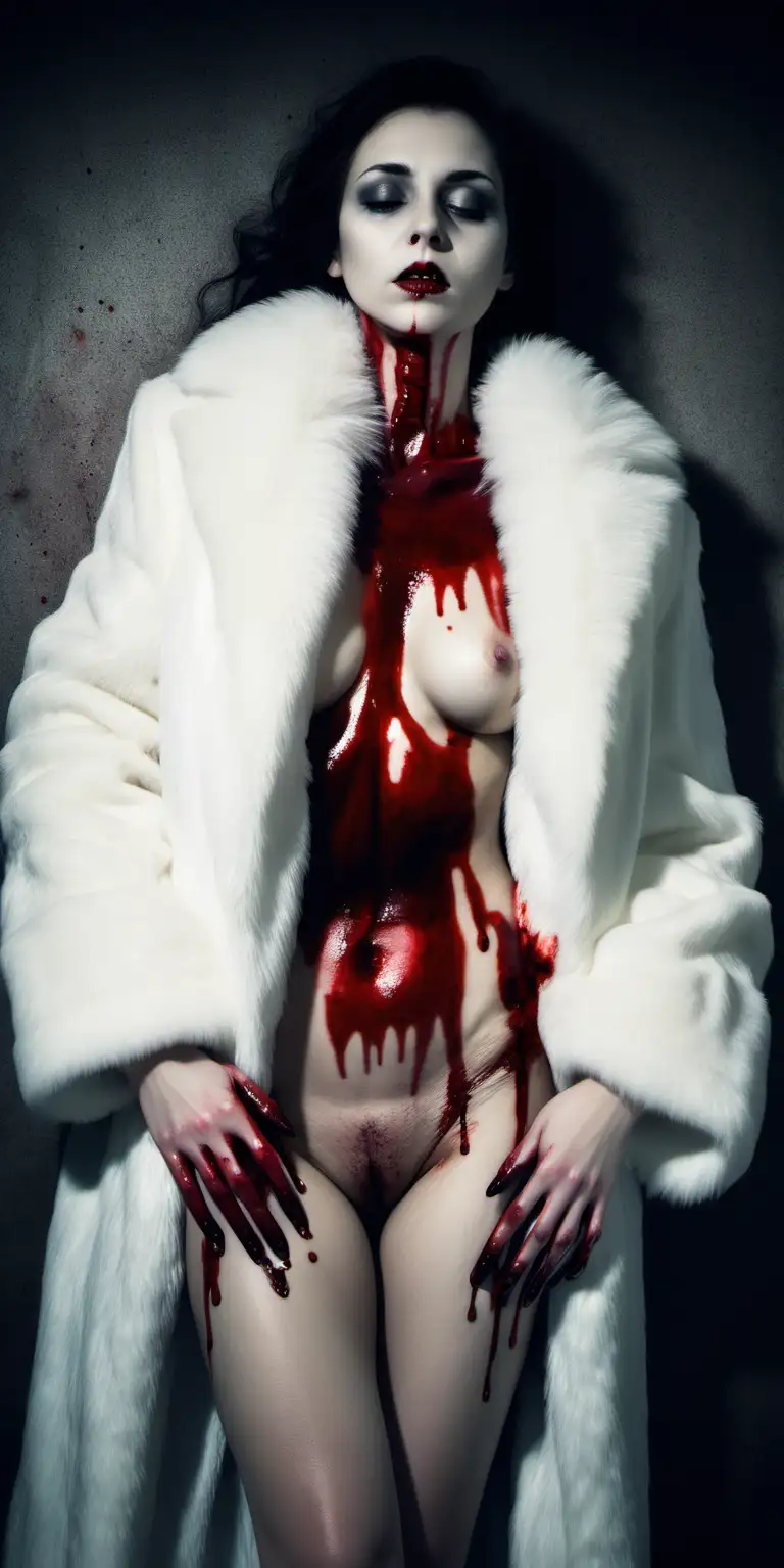 Crime Scene Lifeless Woman in Elegant White Fur Coat with Traces of Blood