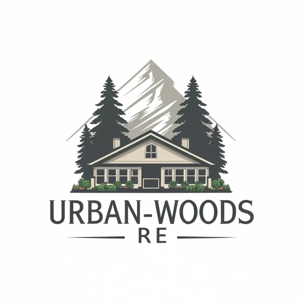 logo, Townhome, Mount Rainier, flying Peregrine falcon, coniferous trees, with the text "Urban-Woods RE", typography, be used in Real Estate industry