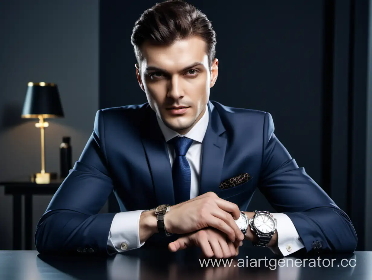 Бизнесмен в стильной одежде, у него часы на двух руках,за столом смотрит в камеру 