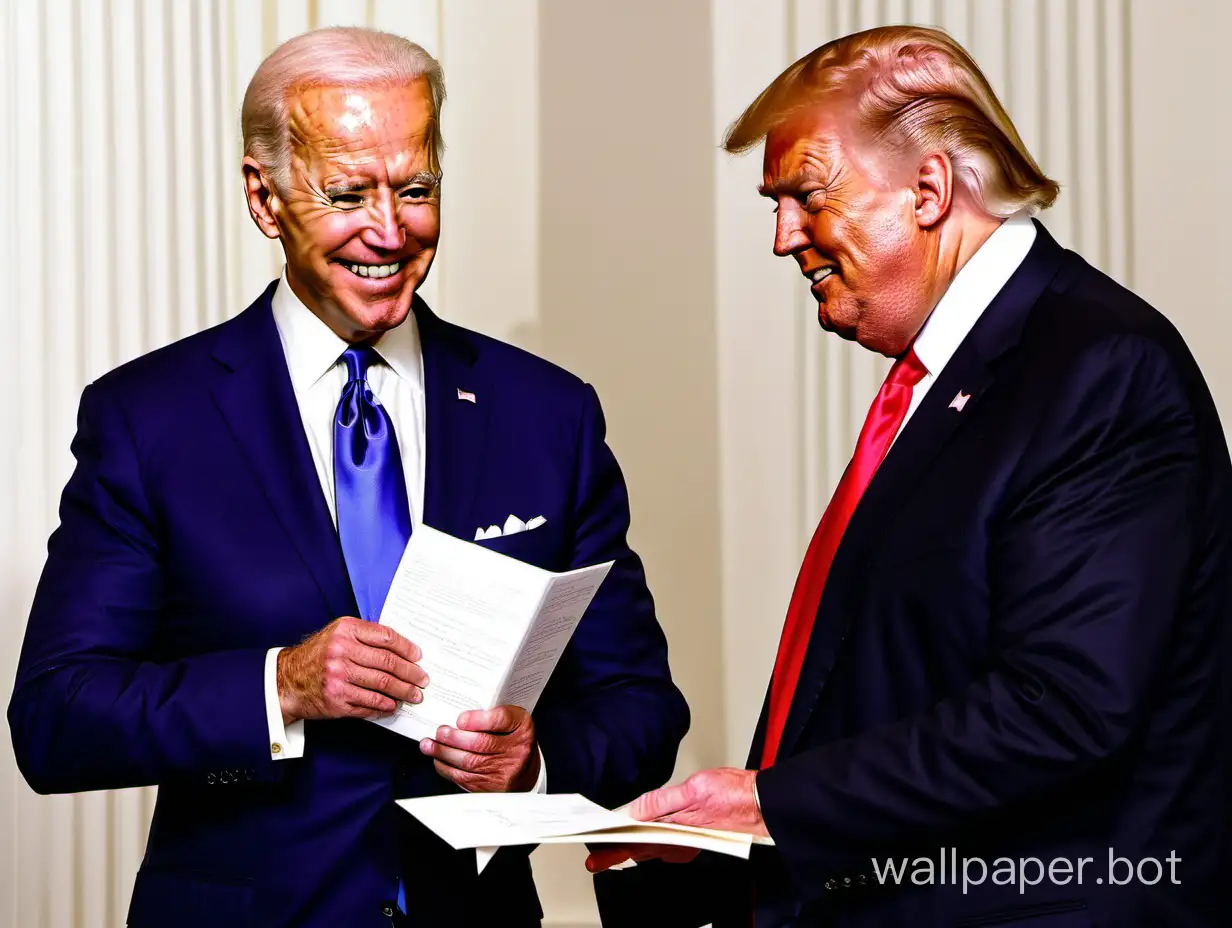 Joe Biden meeting a smiling Donald Trump at the White House. Biden is reading from cue cards in his hands.