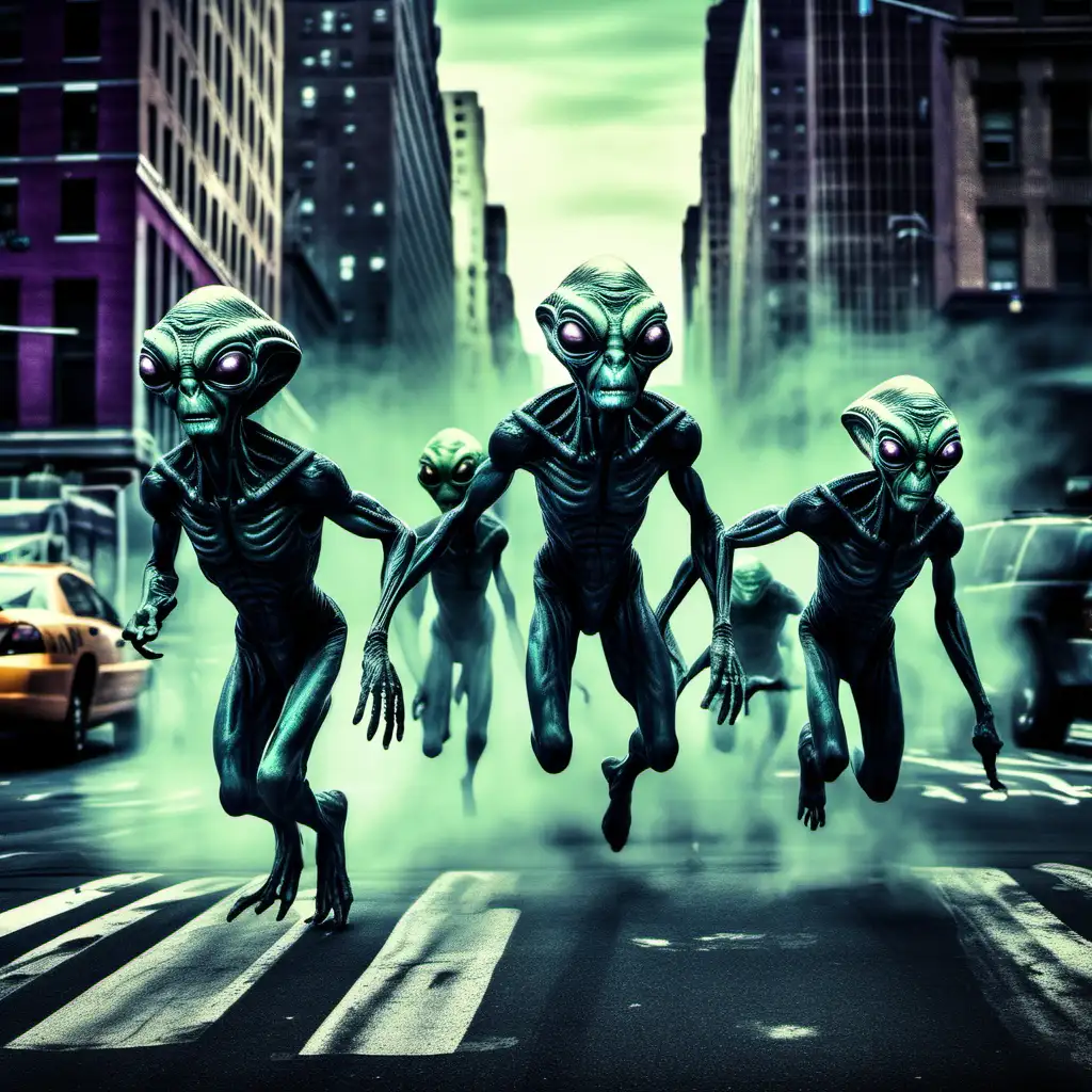 Three aliens chasing humans in the streets of New York City, dark colors