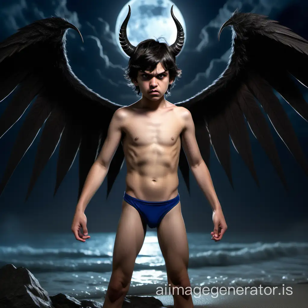 A 14 years old boy. He has Wings on his Back and dark Hair. He wears a speedo. He has Claws on his hands and feets. On his head two small horns. Hi has a Tail. Its a night scene. He is angry.
