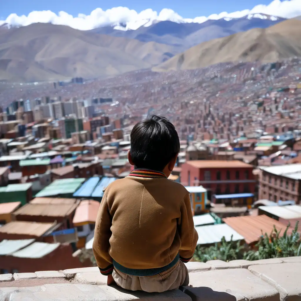 un niño campesino de Bolivia de espaldas , de fondo la ciudad de La Paz Bolivia 