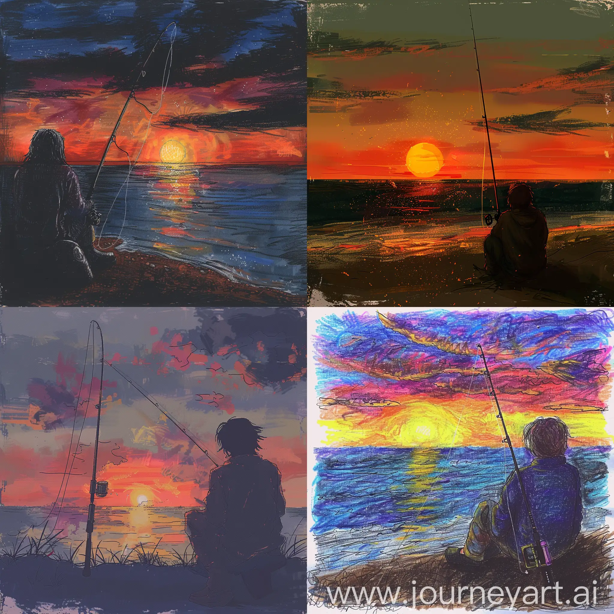 Make me a drawing of someone watching the sunset beach with his fishing rod next to him. He longs for love, but he would rather stop fishing and start waiting at the shore