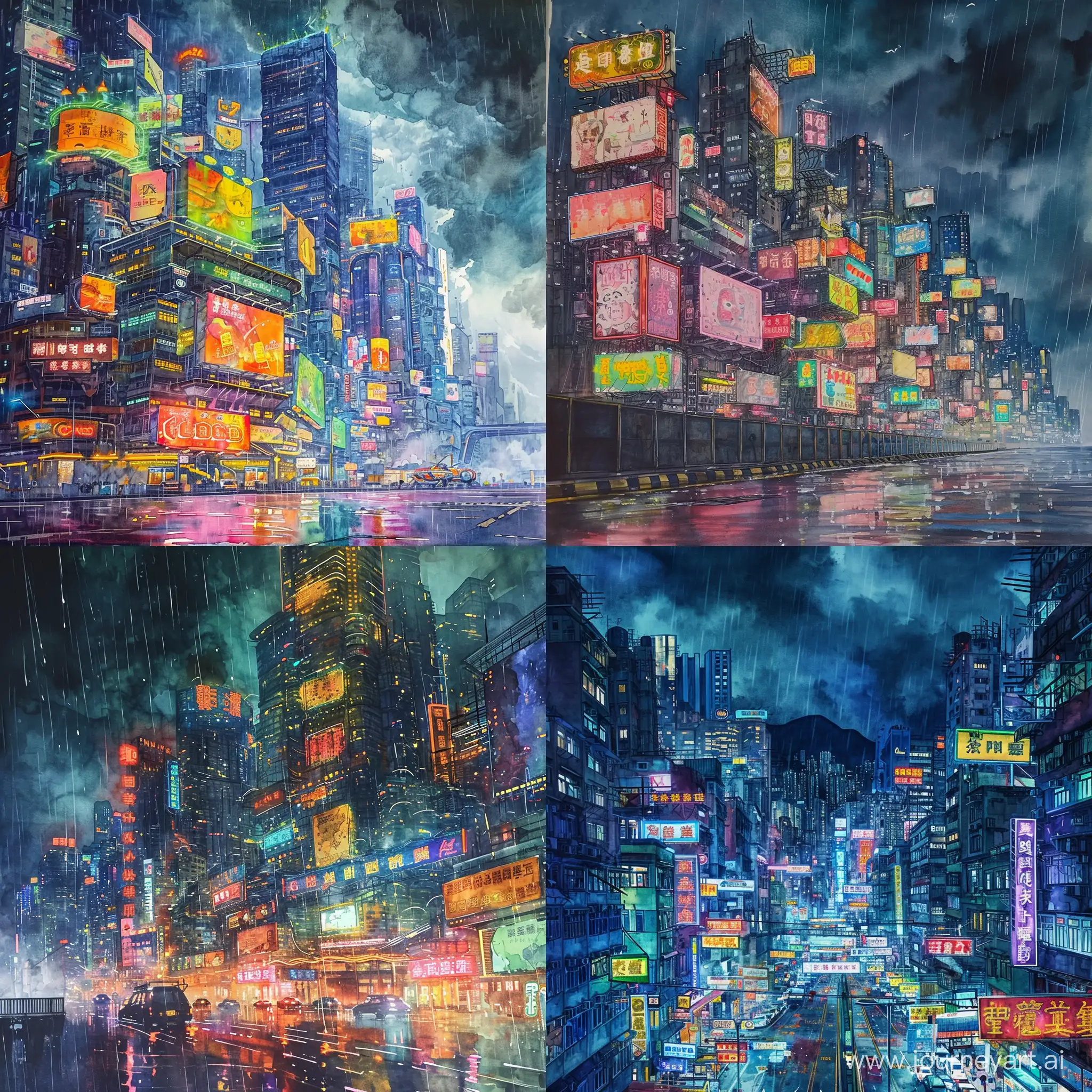 A massive neon kowloon walled futuristic cyberpunk city during a stormy day, watercolor