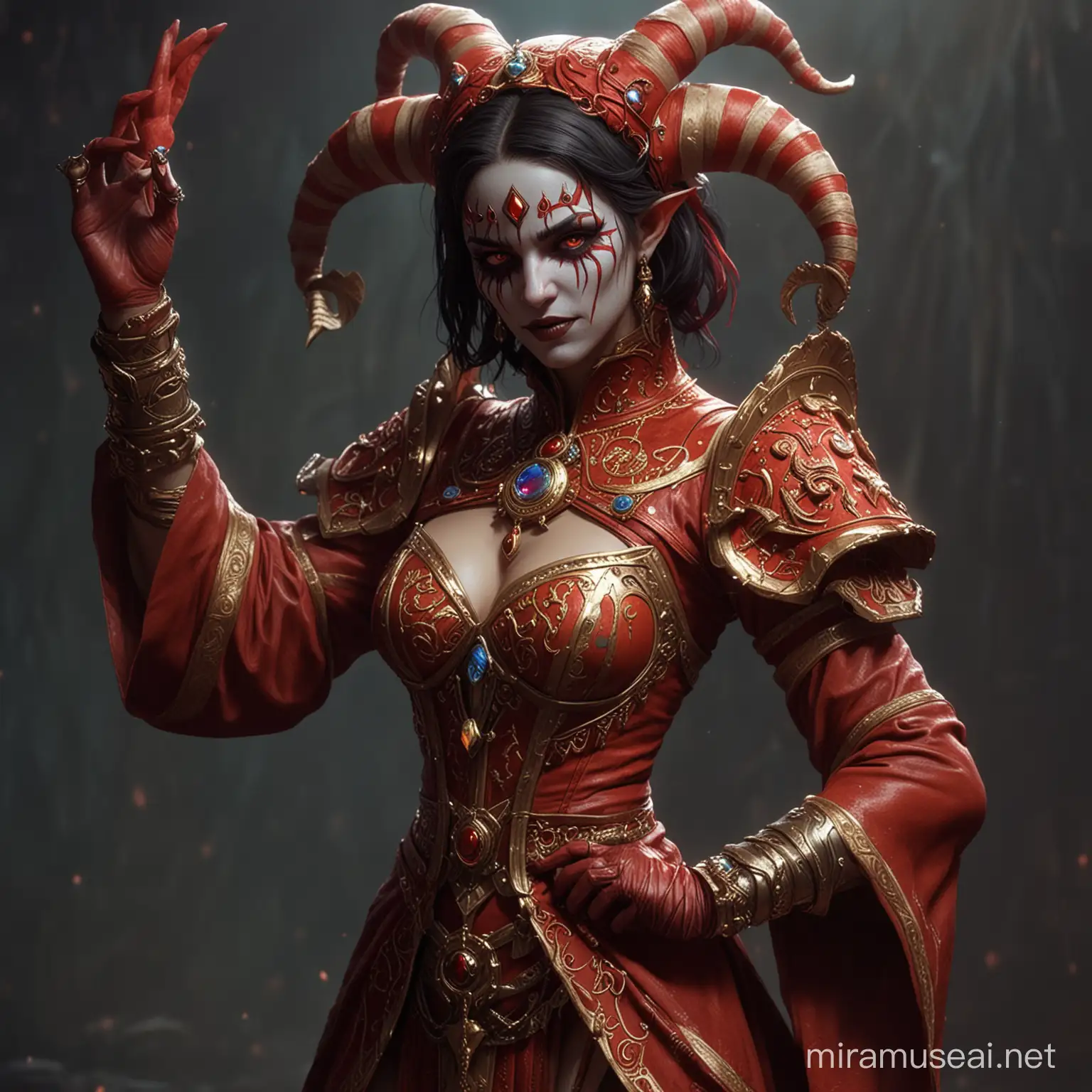 eerie, horror, cosmic robe, circus themed, Atziri from the path of exile, fantasy, deity, red colors, two faced goddess, many limbs, different emotions, elation, jester, trickster pose, menacing, world of warcraft styled, female obscured figure, realistic hands, holding circus-like props, masked face, portrait of goddess