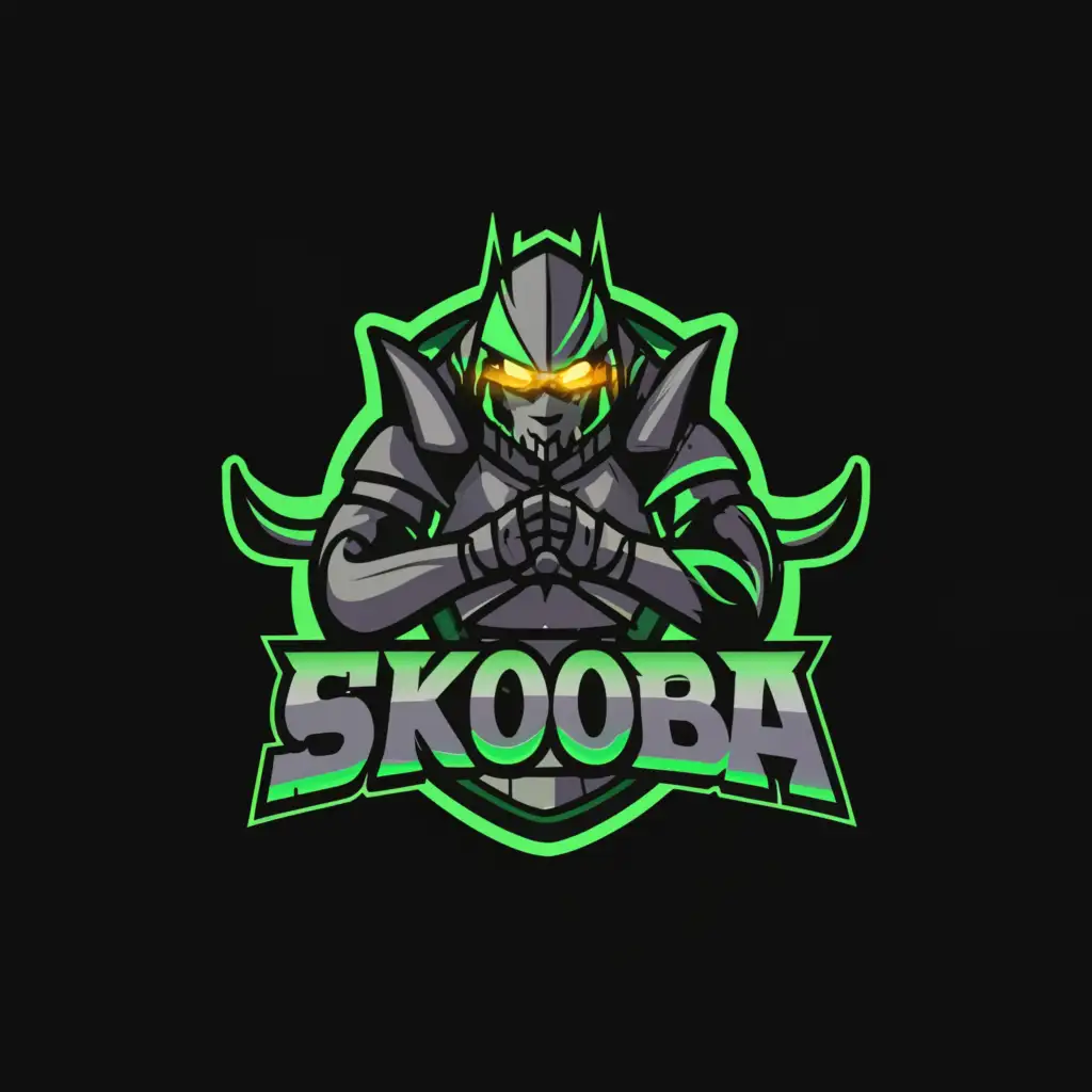 a logo design,with the text "Skooba", main symbol:Gothic, fighter, Dark, green, vibe, anime, person,Moderate,clear background