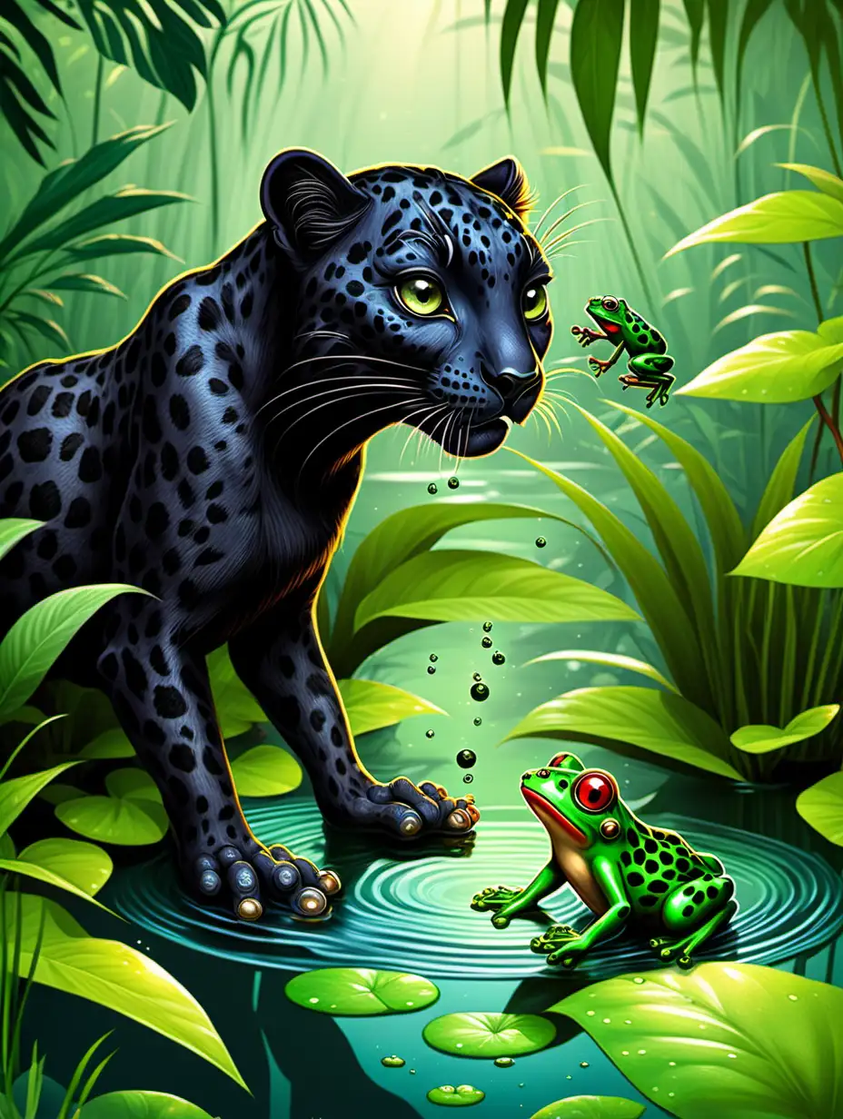 a kind black leopard rescuing a tiny green frog from a pond in the jungle (for a children's book)