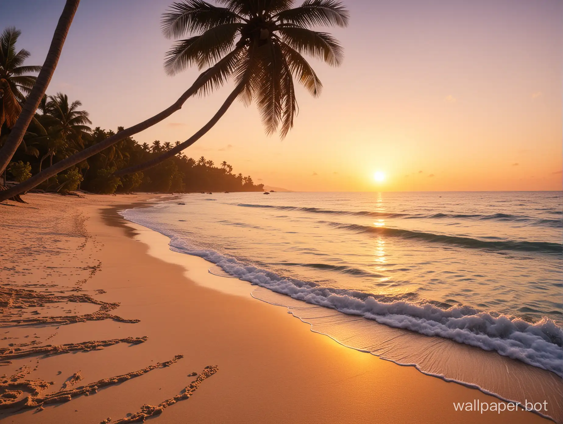 Stunning-Sunrise-on-a-Pristine-Tropical-Beach-with-Lush-Palm-Trees