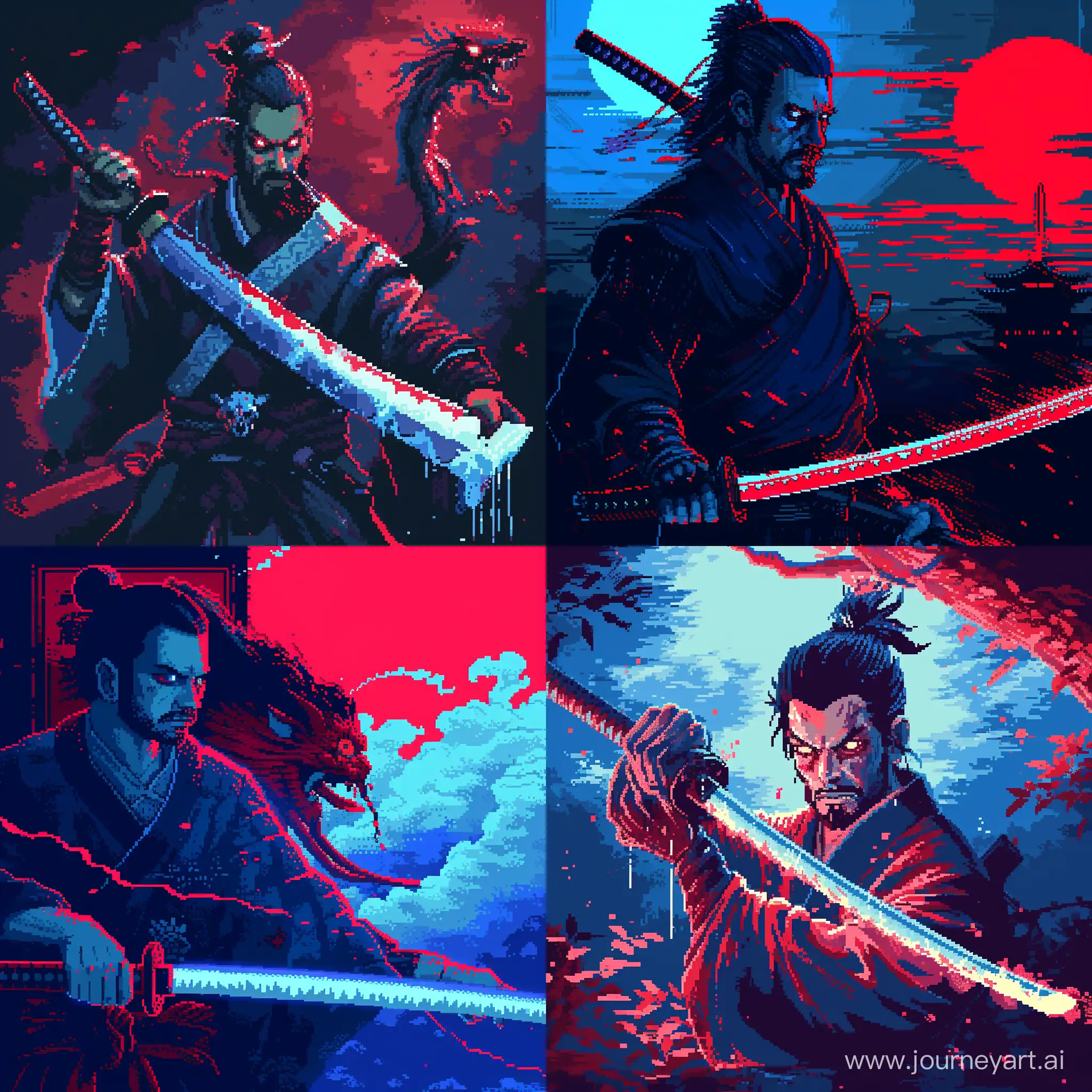 самурай держит катану которым завладел злой дух, ретро стилистика, пиксельарт, синие и красные тона