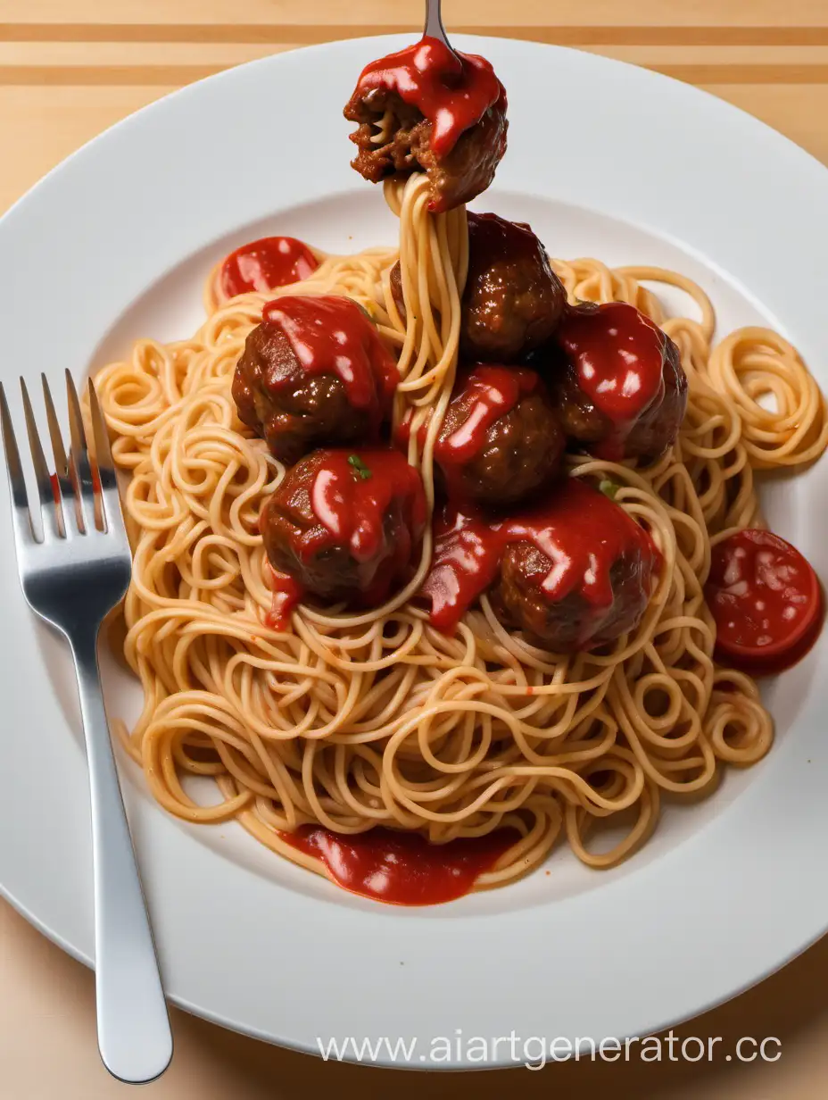 a plate of noodles twisted on a fork, there are meatballs on the dish and all this with ketchup, the fork was vertically stuck and everything is at an angle. it's like the food is sliding off the plate and there's already a couple of spaghetti hanging there. 2k