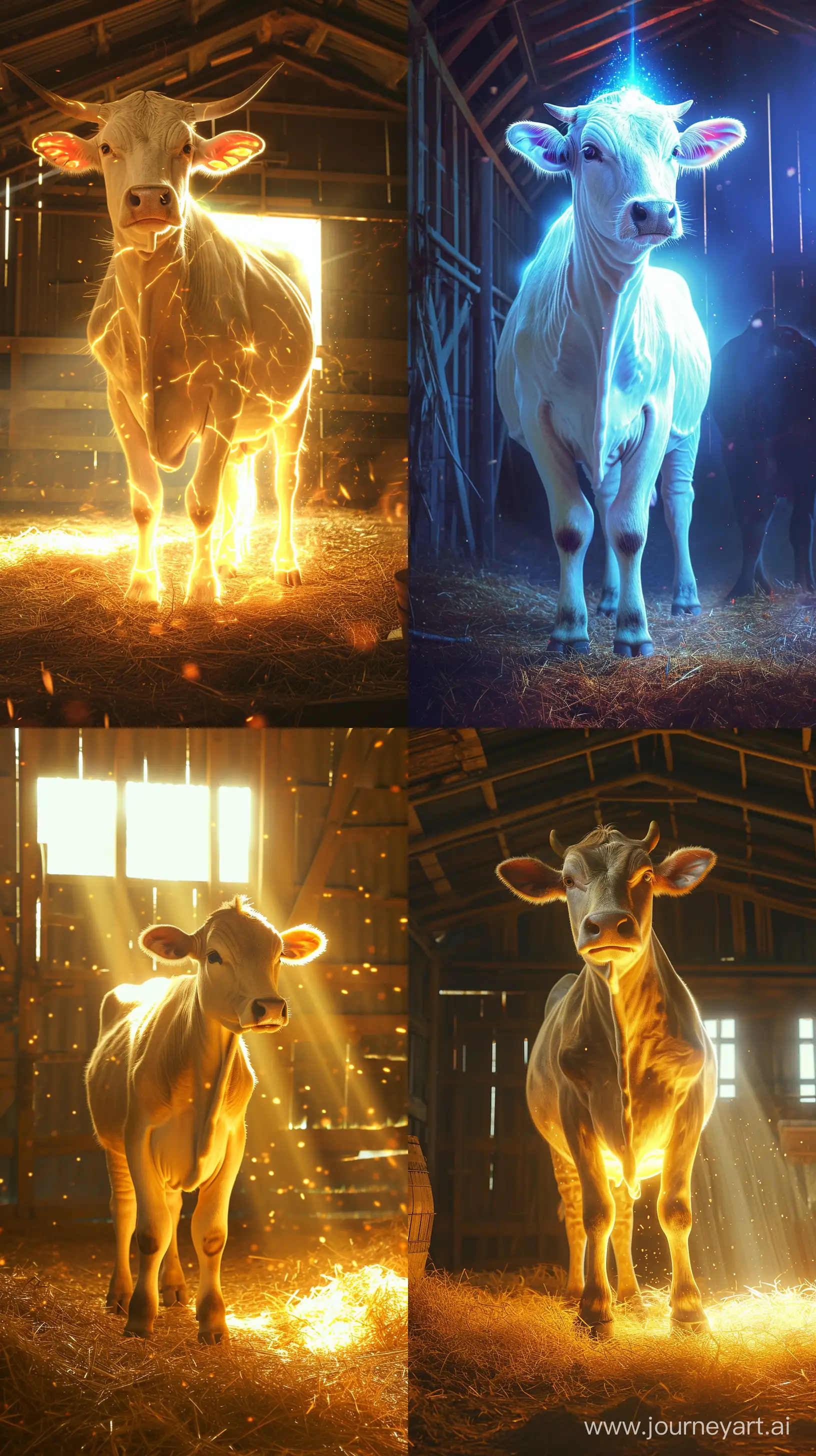 create realistic images of a beautiful looking cow called Kamadhenu from ancient Hindu mythology, inside a barn, standing, the cow is bright and beautiful looking and it's glowing, intricate details, 8k quality images, --ar 9:16 