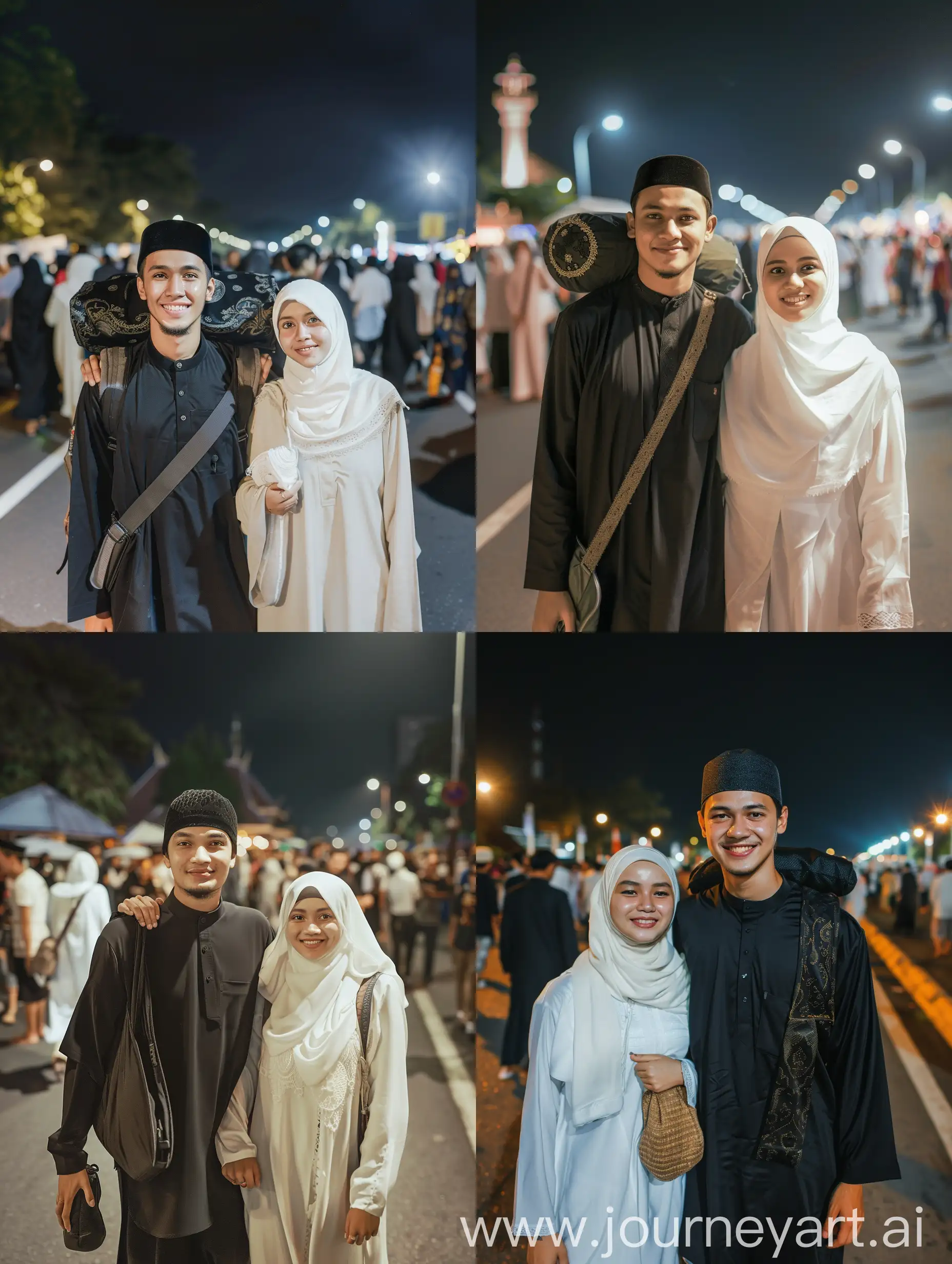 (8K, RAW Photos, Photography, Photorealistic, Realistic, Highest Quality, Intricate Details), Medium photo of 25 year old Indonesian man, fit, ideal body, oval face, white skin, natural skin, medium hair, wearing a black Muslim koko, his guy carrying a prayer bag on his shoulders, side by side with a 25 year old Indonesian woman, wearing a white mukena, they are smiling facing the camera, their eyes are looking at the camera, the corners of their eyes are at the same level as they have just finished going home at the terawih mosque, many people on the back of the road are wearing Muslim koko clothes at night behind the mosque HD clear as real