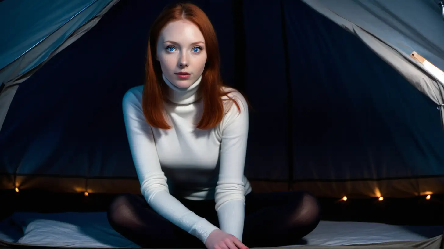 A slendet redhead girl with blue eyes in tight white turtleneck sweaters and black tights in a tent at night. 