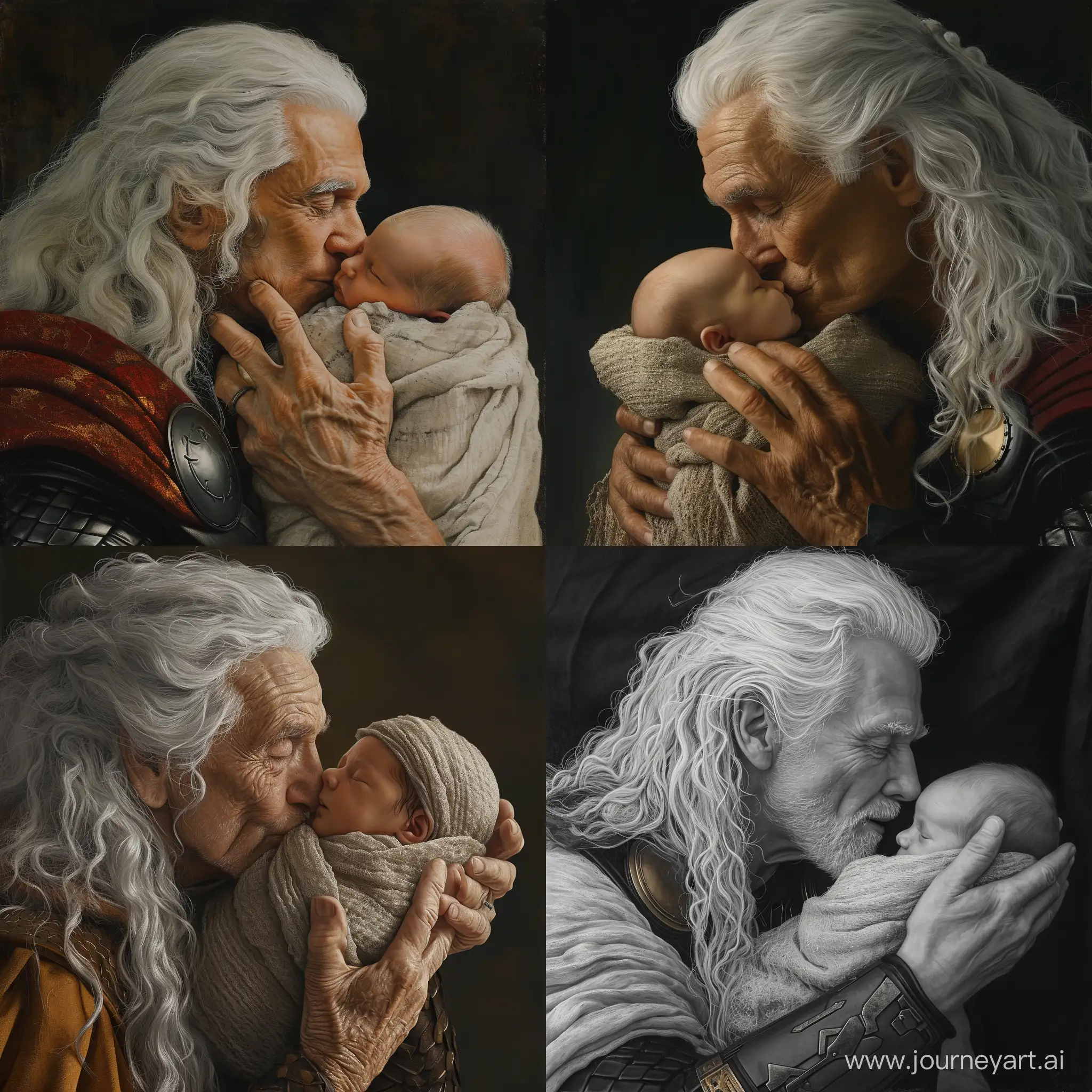 chalk, erderly, thor, white hair done up, holding and kissing a newbornd baby with soft smooth skin, wrapped in a soft blanket, on the cheek, hyper realistic,sharp focus, alcohol ink, detailed matte painting.