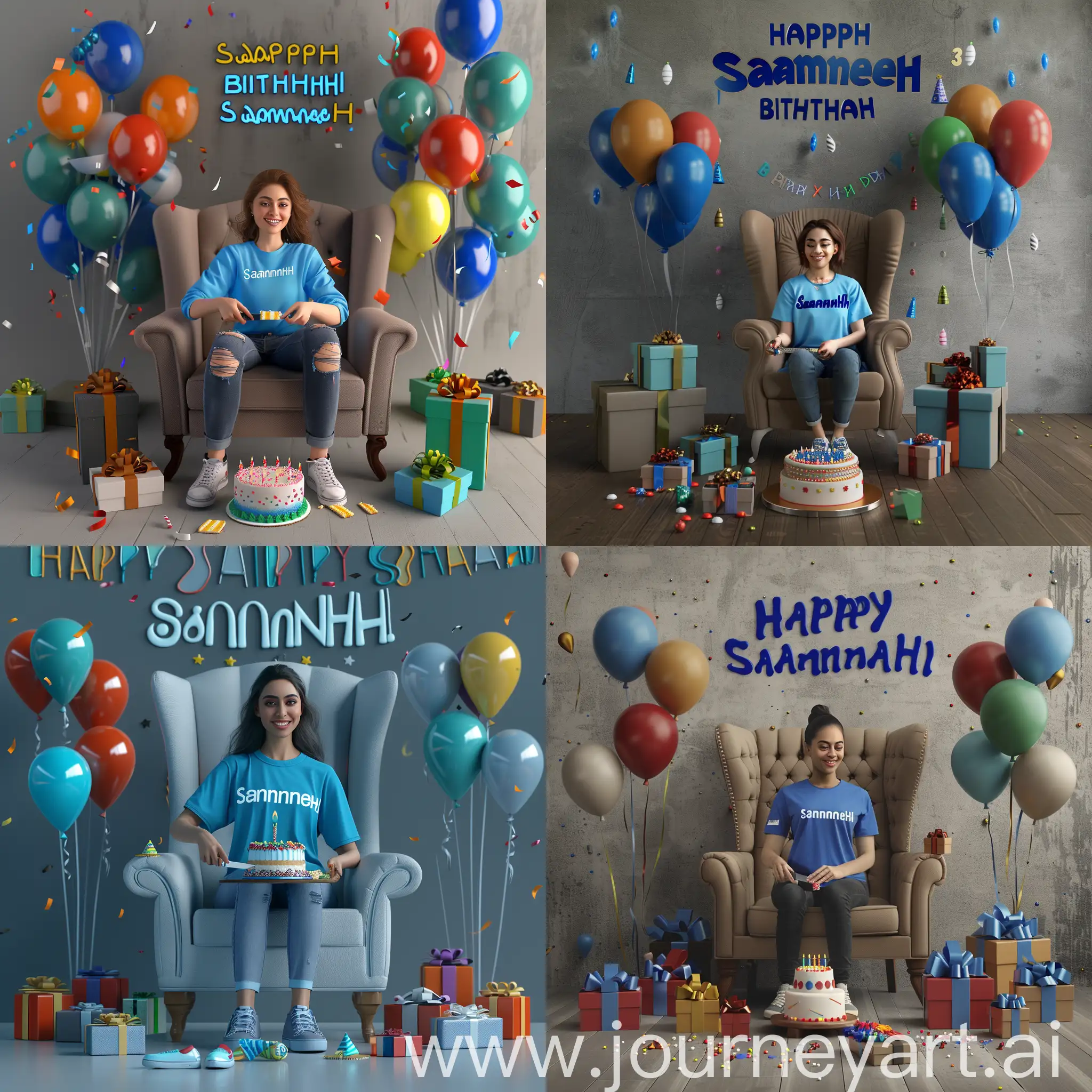 a 3D illusion for a profile picture where a 30 year old Beauty Girl is cutting her birthday cake facing forward in smiling face eye on camera, Blue shirt Sitting casually on a Wingback Chair There are gifts lying on the ground along both sides of the chair. Wearing sneakers, and the cake is lying in front, my username "Samaneh" written on the cake, in my background HAPPY BIRTHDAY SAMANEH written with Blue Colors, with balloons in different colors attached on the Gray wall