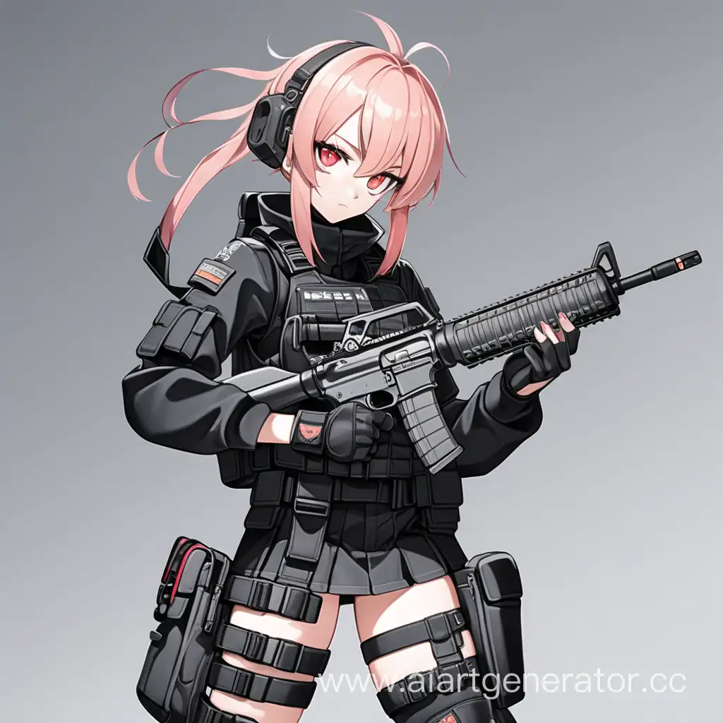 full body view anime girl in black tactical gear, skirt, tall boots, knee pads, thigh holster. She's holding a rifle up, wears a cyber-facemask and has short fluffy peach colored hair. Red eyes.