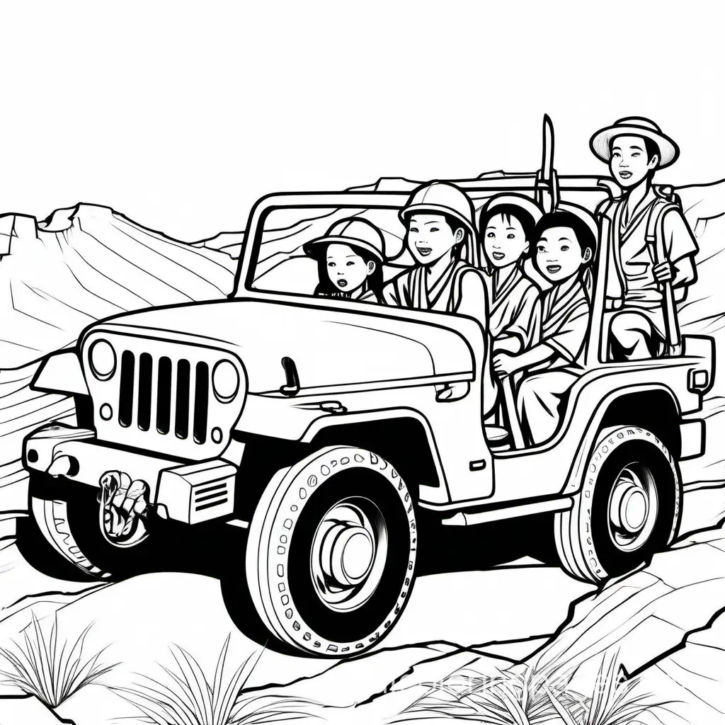four chinese archeologists in a jeep, Coloring Page, black and white, line art, white background, Simplicity, Ample White Space. The background of the coloring page is plain white to make it easy for young children to color within the lines. The outlines of all the subjects are easy to distinguish, making it simple for kids to color without too much difficulty