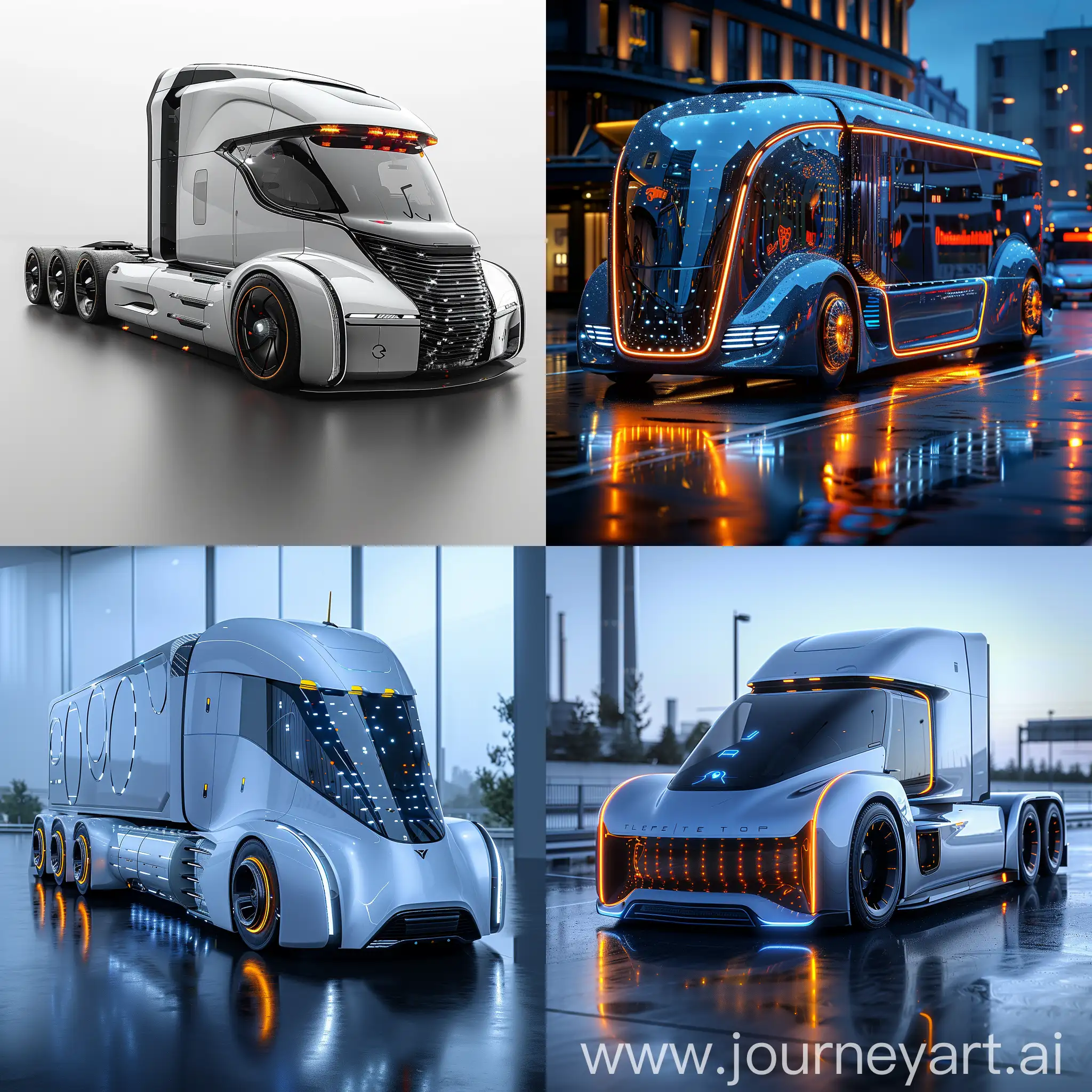 Futuristic truck, Autonomous Driving, Electric Powertrain, Advanced Connectivity, AI Integration, Biometric Security, Augmented Reality Displays, Self-Healing Materials, Energy Harvesting, Modular Design, Health Monitoring Systems, Sleek Aerodynamics, LED Lighting, Digital Grille, Transparent Panels, Holographic Displays, Smart Loading Systems, Foldable Structures, Interactive Controls, Illuminated Panels, Magnetic Levitation Suspension, octane render --stylize 1000