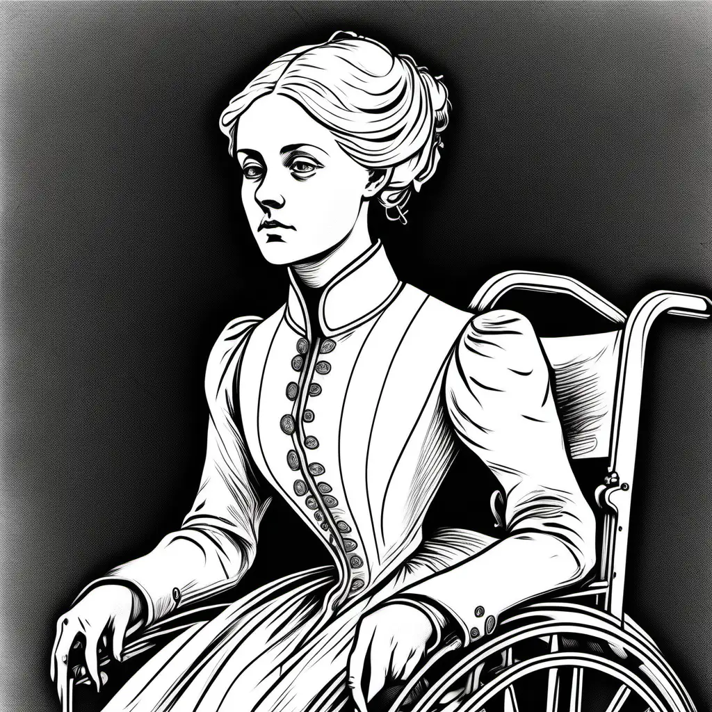 a pale, sickly young baroness with oval face, blond hair in a wheelchair, 19 century, manor park, autumn, black and white custom line art easy sketch minimalistic details