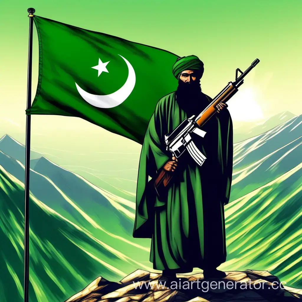 A robed, turbaned, bearded sufi muslim Anatolian man shariah suppoter islamist brave face with a modern gun in his hand is on the mountain, and there is the green islamic flag