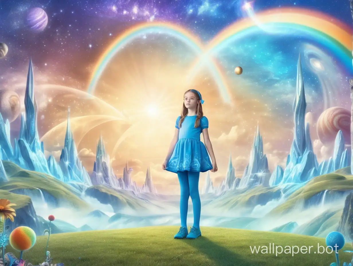 A 13-year-old girl in cute blue tights standing in full height in a magical land under the sky with two suns, a rainbow, and a galaxy surrealism